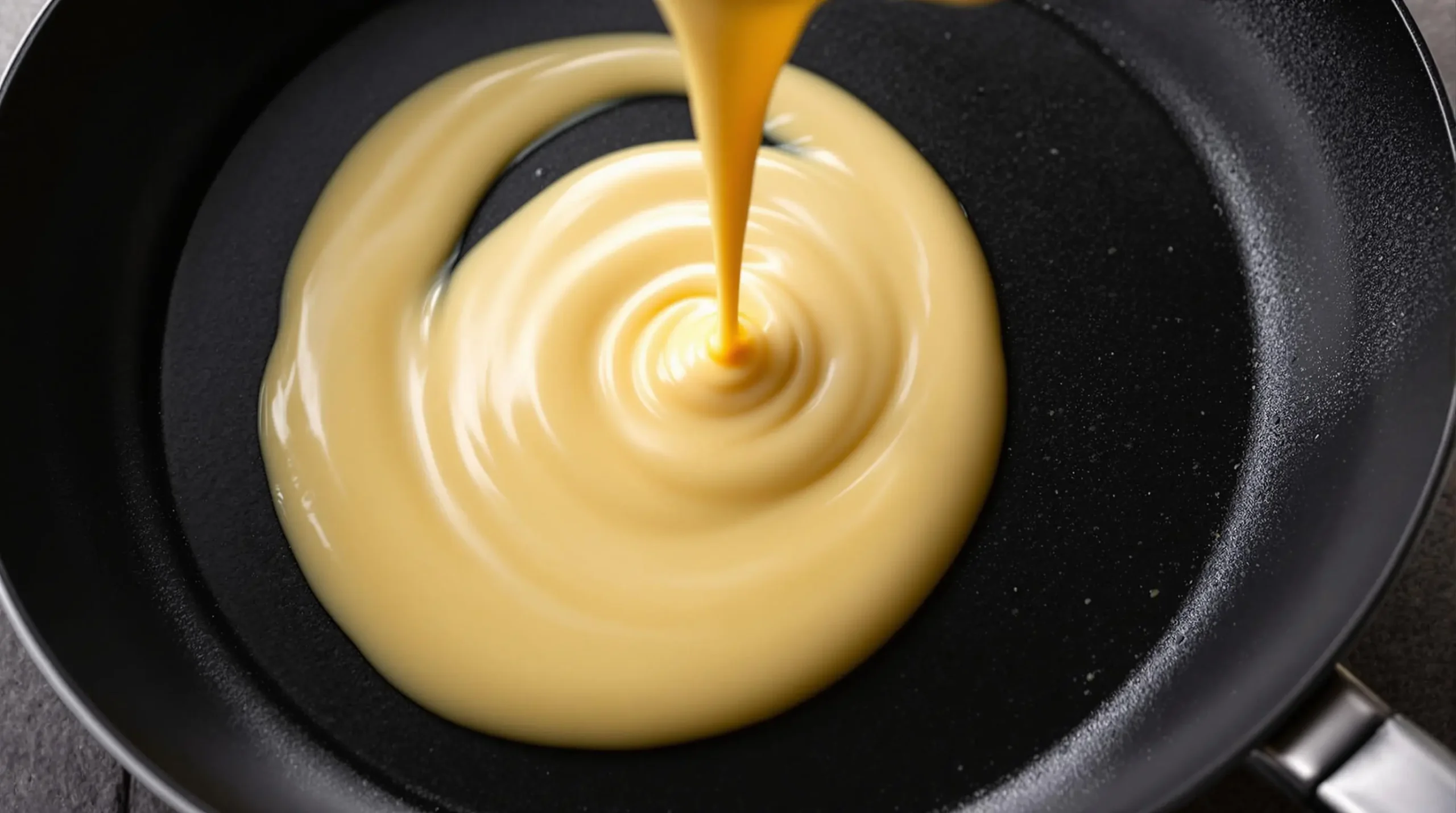 Golden crepe batter spreading in circular motion across heated non-stick pan, demonstrating proper swirling technique