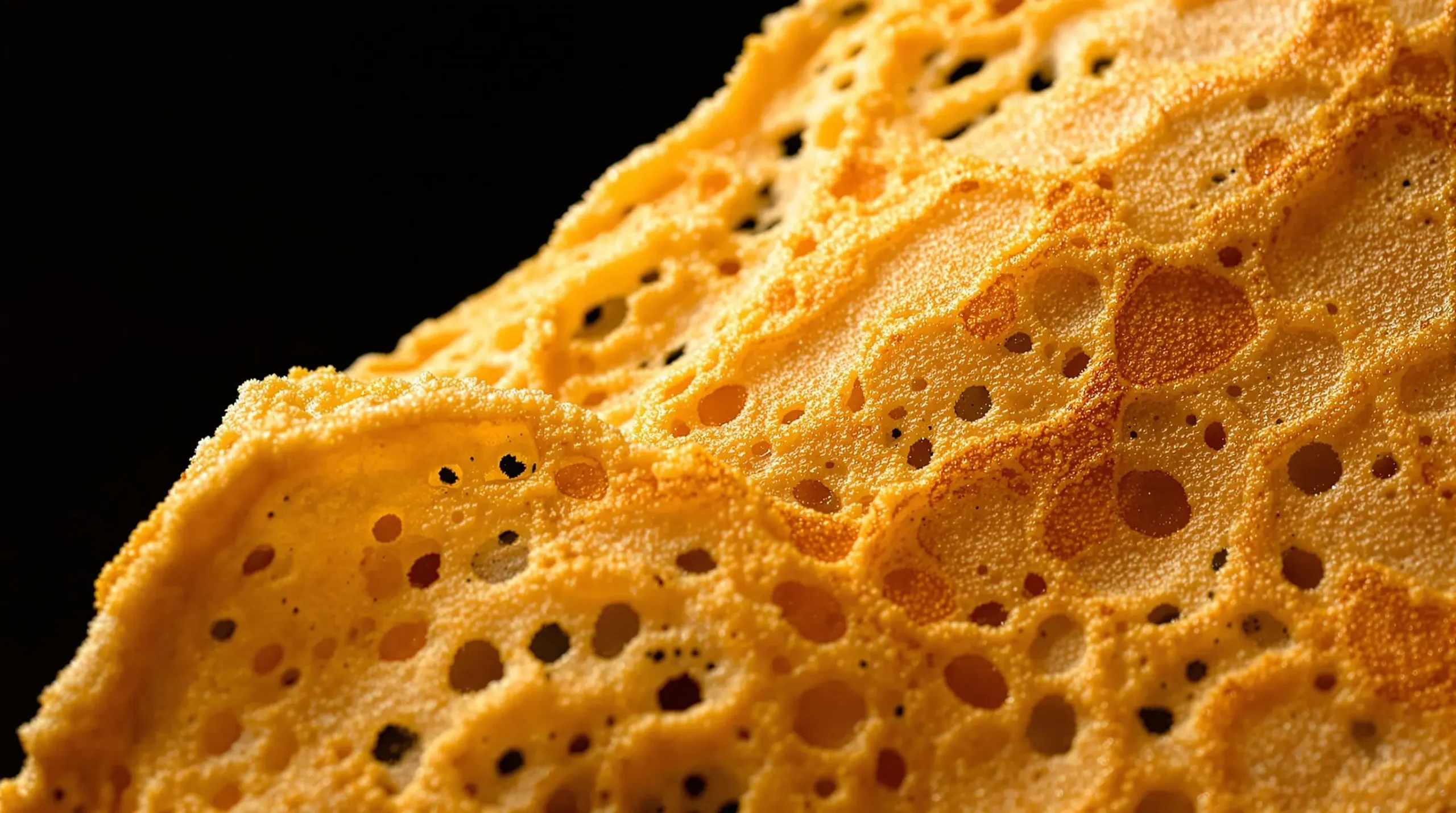 Macro view of crepe's delicate lacy texture and golden-brown surface showing characteristic bubble patterns