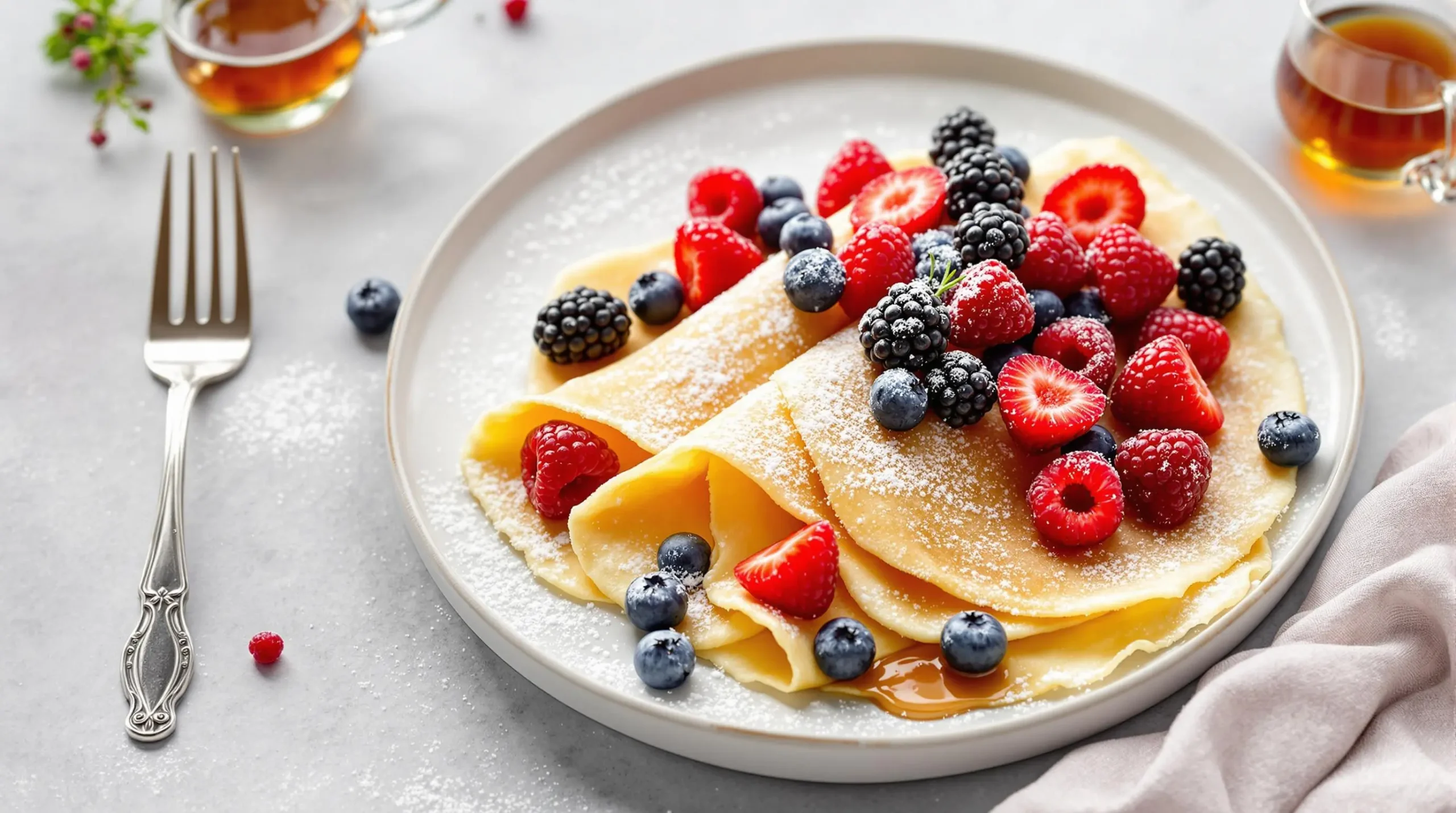 Quarter-folded crepe topped with fresh berries and powdered sugar on white plate with maple syrup pitcher and vintage fork