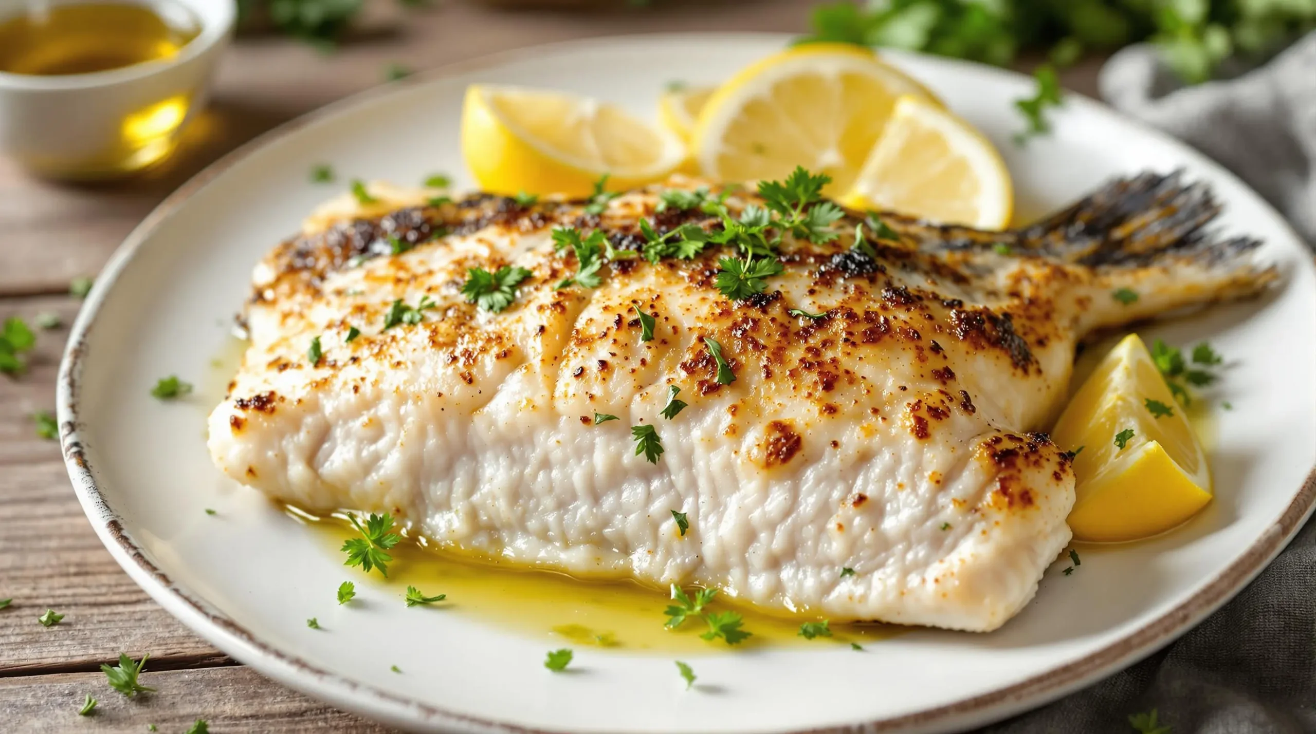 Pan-seared branzino fillet with crispy golden skin, garnished with fresh herbs and lemon wedges on white ceramic plate against rustic wooden surface