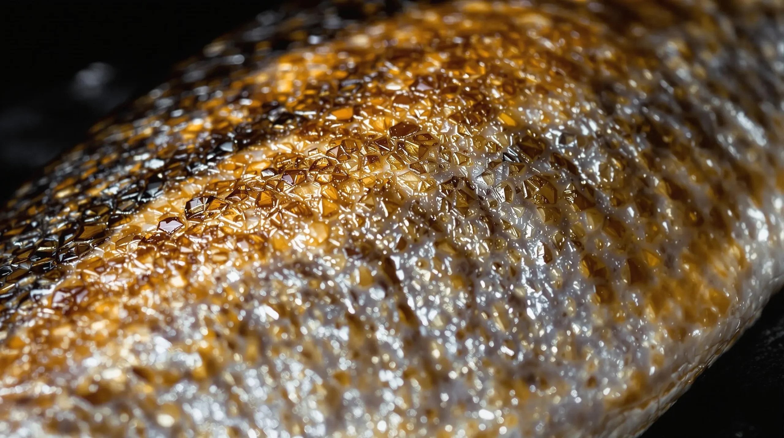 Extreme close-up of branzino's crispy golden-brown skin showing detailed scale pattern and texture against dark background