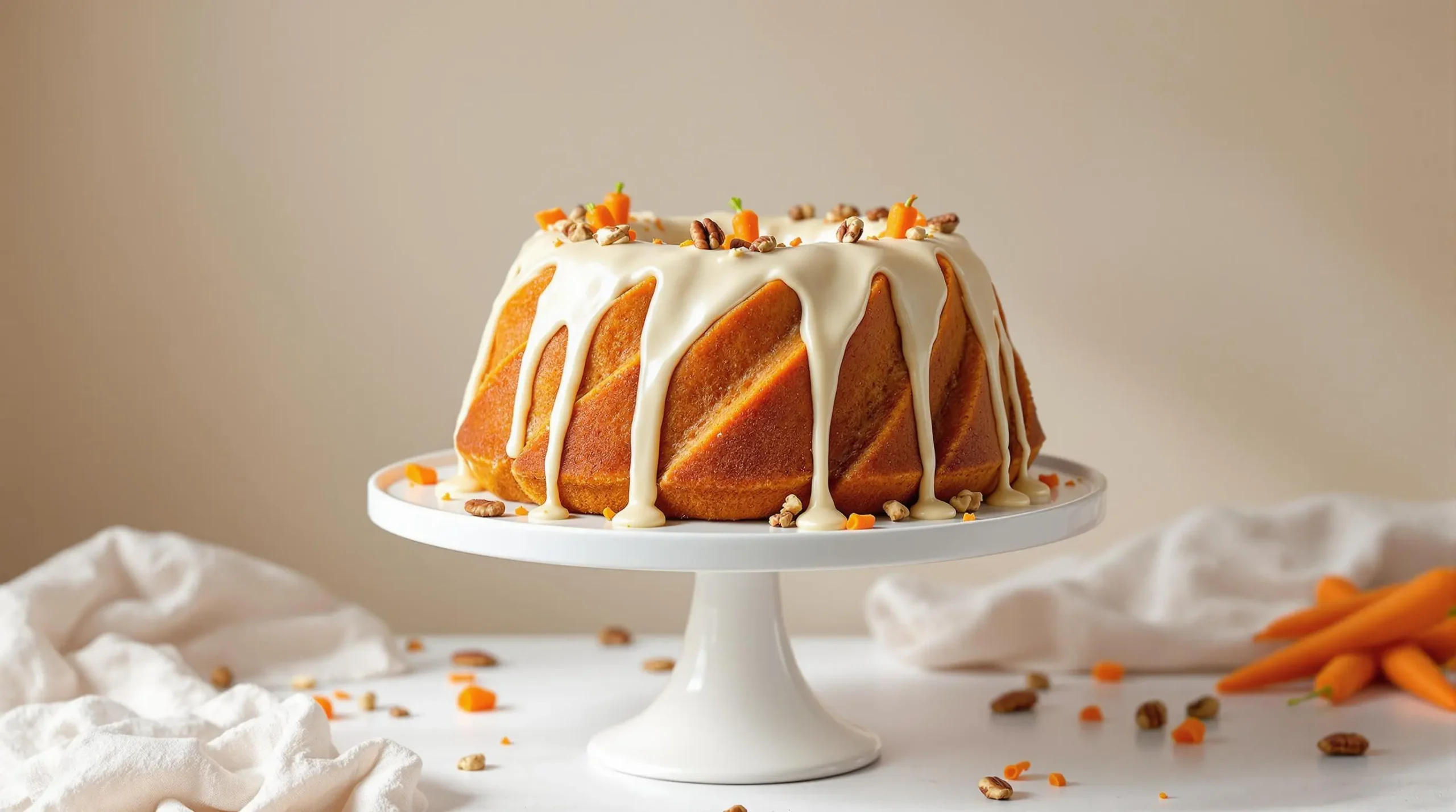 Golden-brown carrot bundt cake with cream cheese drizzle, topped with candied carrot curls and pecans on white ceramic stand