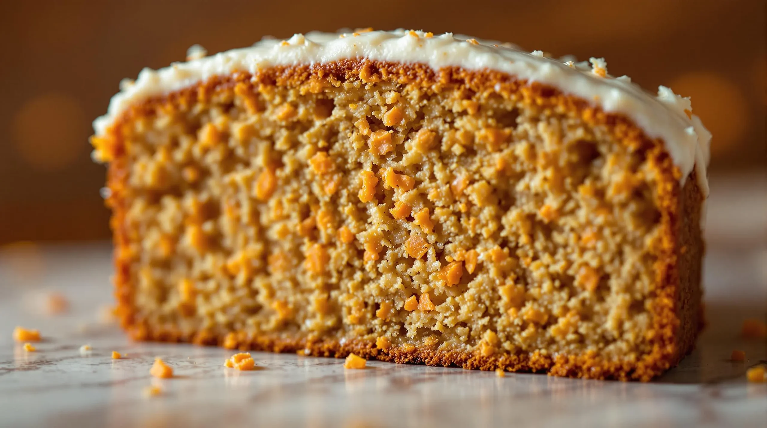 Extreme close-up of moist carrot cake crumb showing delicate orange carrot threads, spice flecks and tender texture