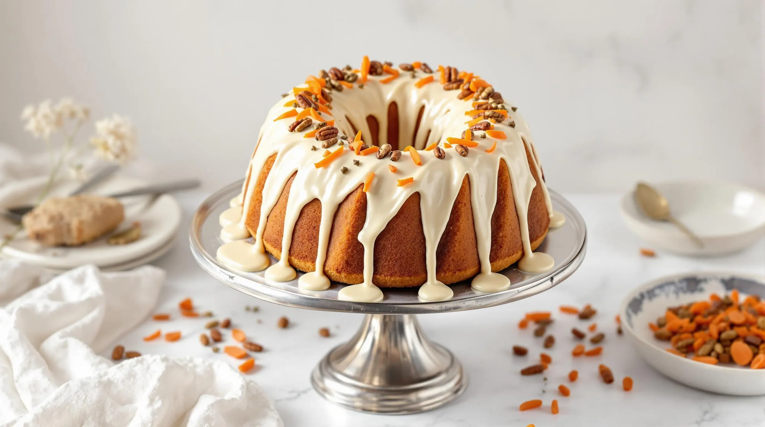 Overhead view of frosted carrot bundt cake on silver stand with cascading cream cheese glaze, topped with pecans and carrot curls