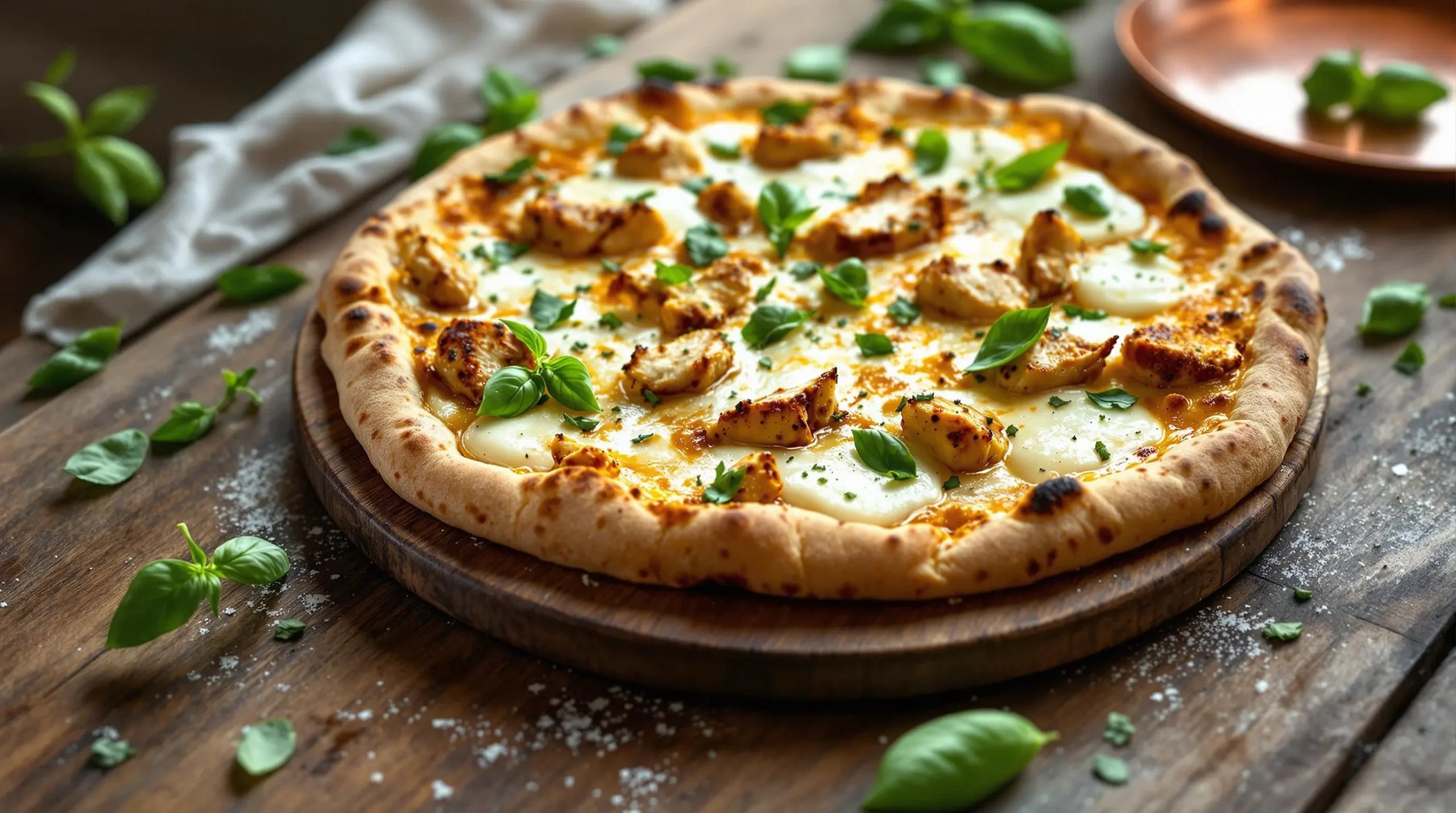 Golden-brown chicken flatbread with melted mozzarella and fresh basil on rustic wooden board, natural lighting highlighting bubbling cheese