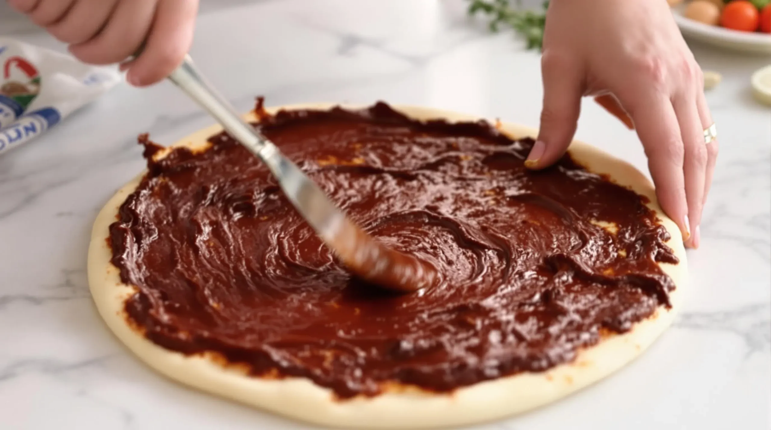 Hands spreading red sauce on flatbread dough, demonstrating proper technique with clean border around edges on marble countertop