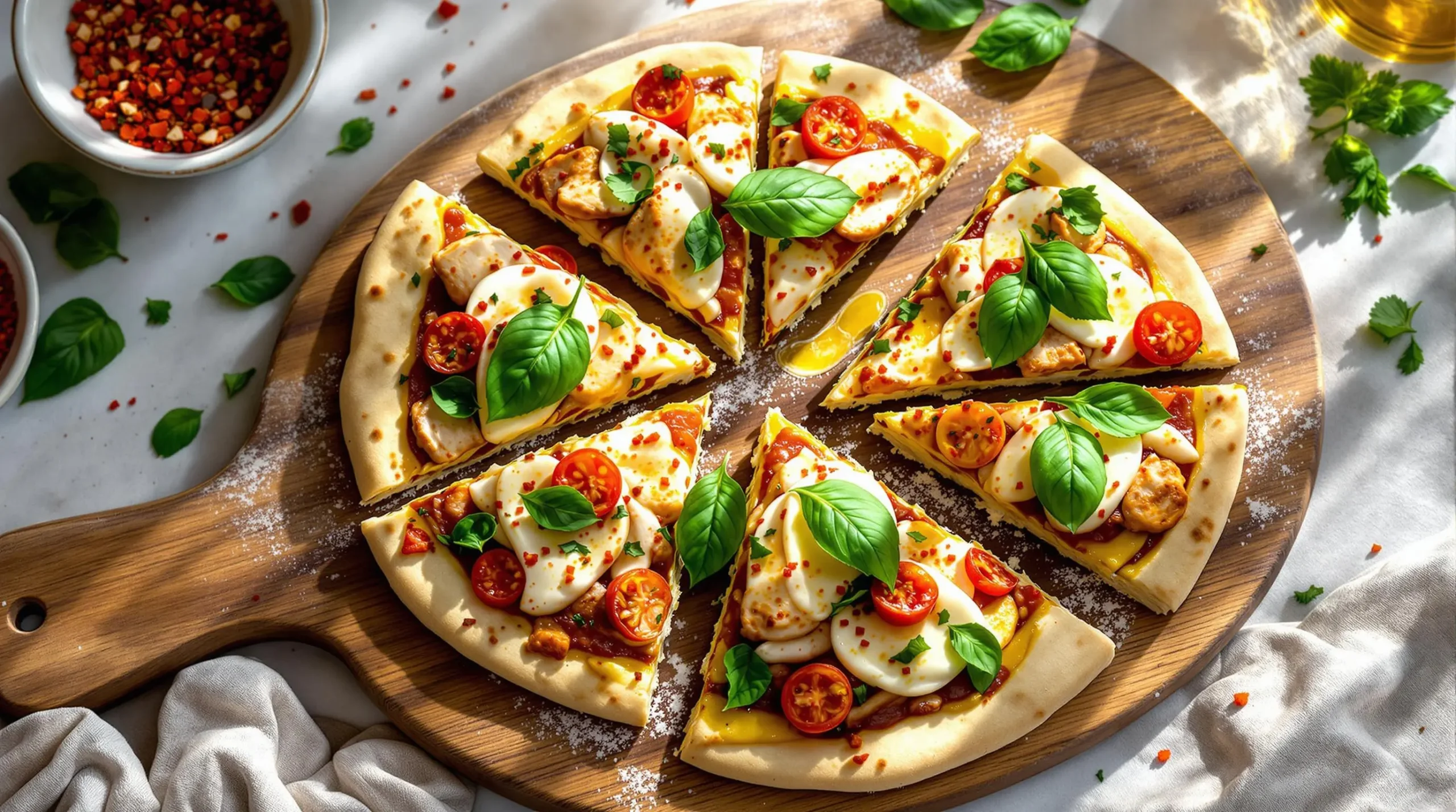 Sliced chicken flatbread garnished with basil and olive oil on wooden board, served with red pepper flakes and fresh herbs