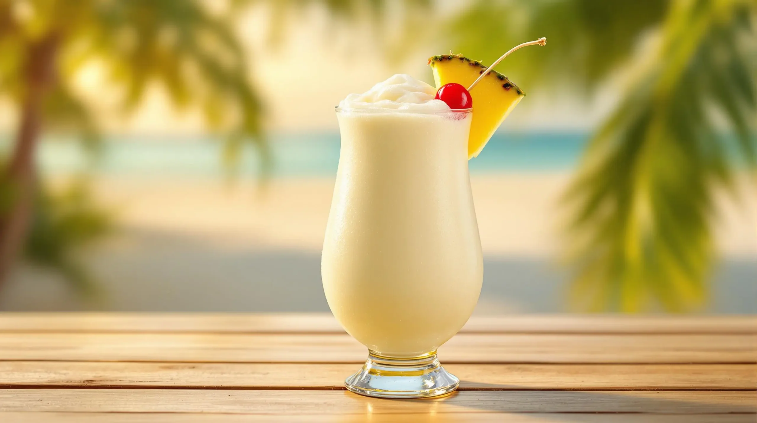 Creamy white Pina Colada in hurricane glass with pineapple wedge and cherry garnish, golden sunlight highlighting frozen texture