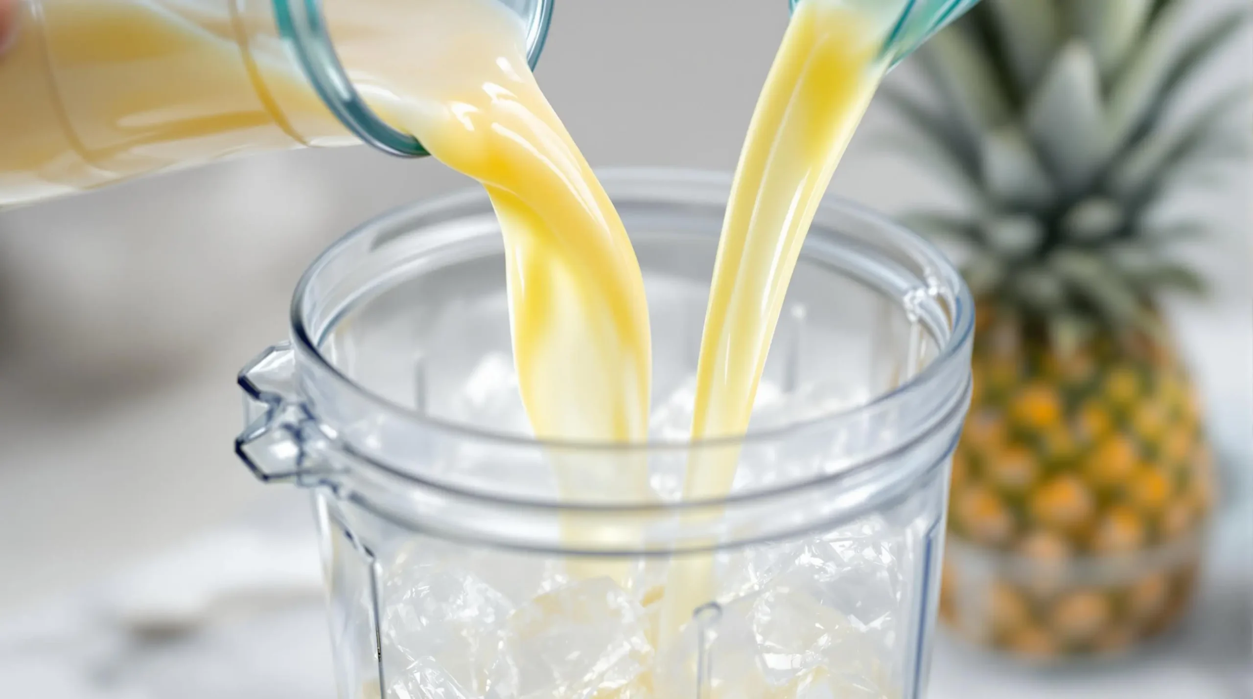 Cream of coconut and pineapple juice streaming into blender with crushed ice, creating luminous pour patterns against stainless steel