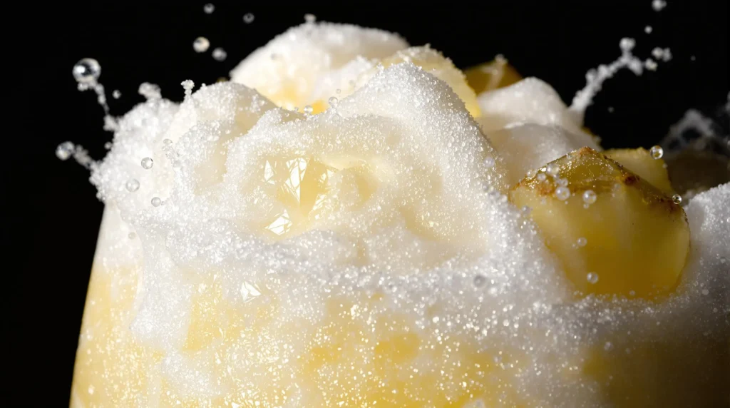 Macro view of Pina Colada's creamy texture showing delicate foam bubbles, ice crystals, and gradient between coconut and pineapple layers