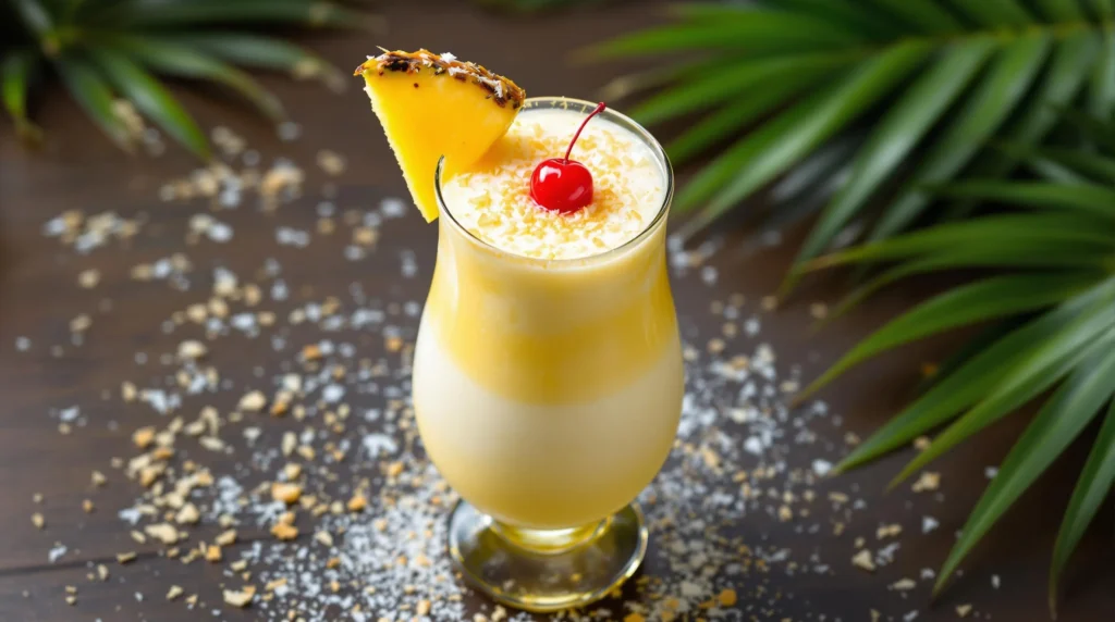 Perfectly layered Pina Colada garnished with pineapple, cherry, and toasted coconut in hurricane glass on dark wooden surface