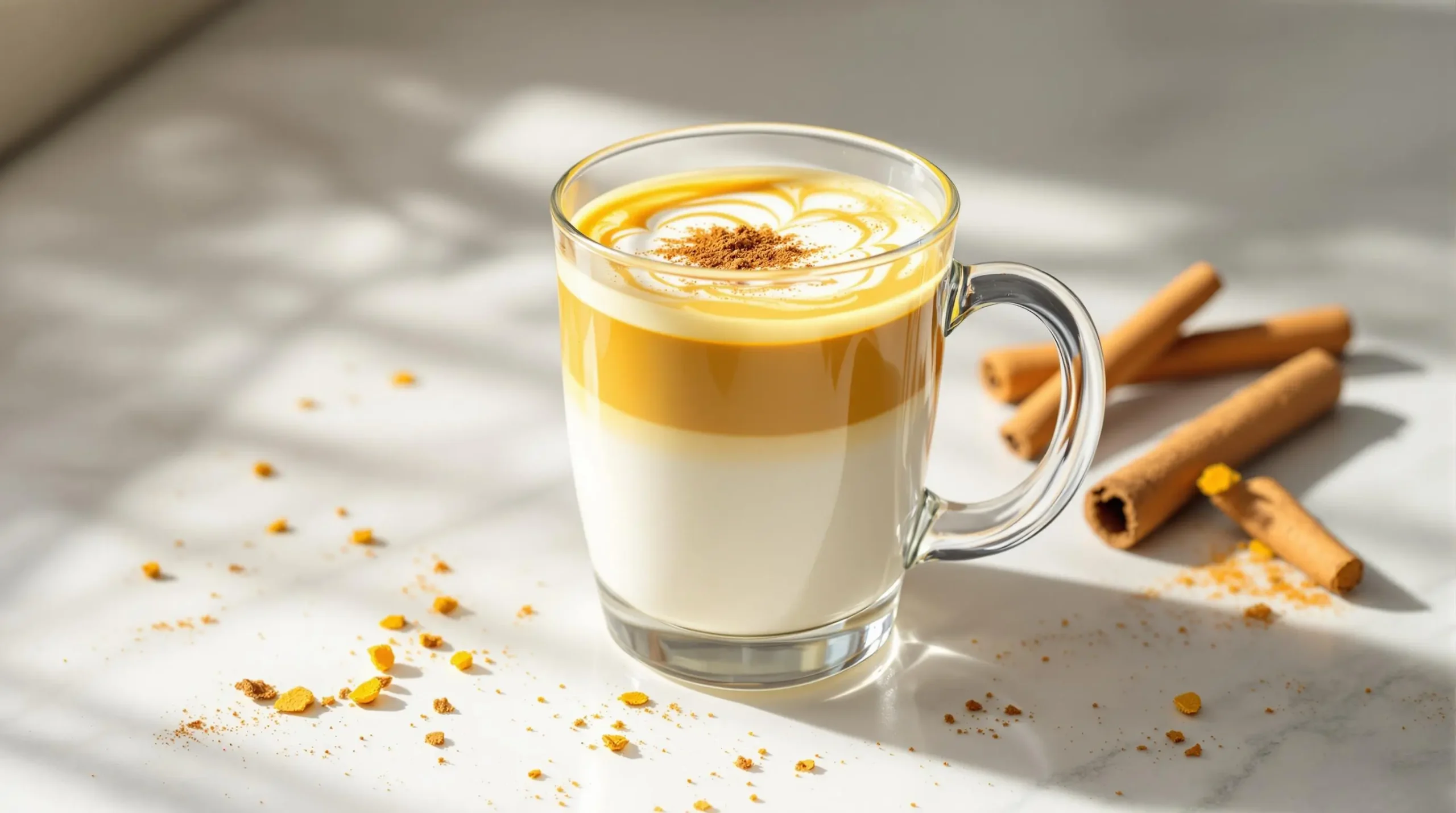 Golden turmeric coconut milk latte in clear glass with cinnamon swirls, surrounded by fresh turmeric root and cinnamon sticks on marble surface