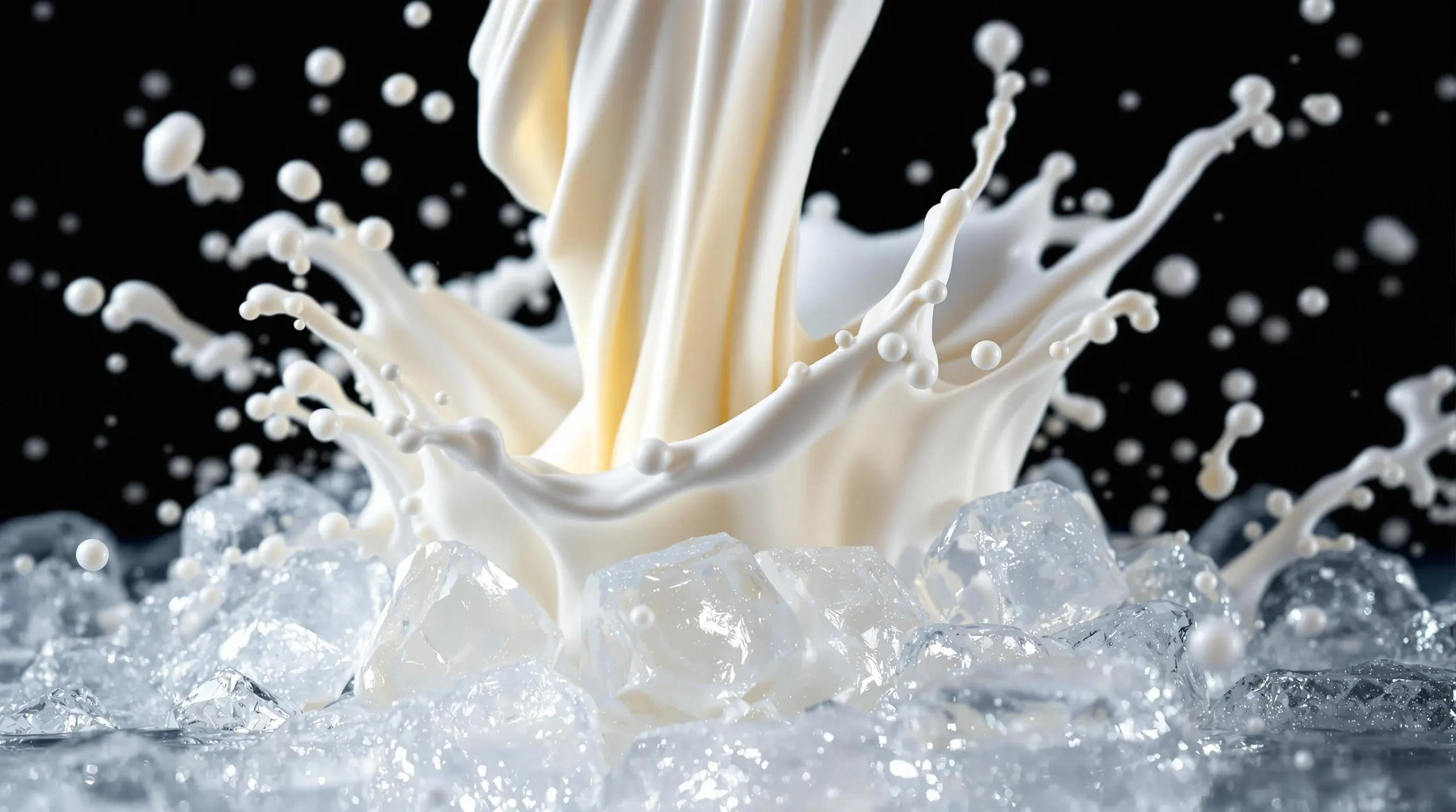 Macro shot capturing creamy coconut milk droplets streaming into iced drink, creating ethereal tendrils between crystal clear ice cubes