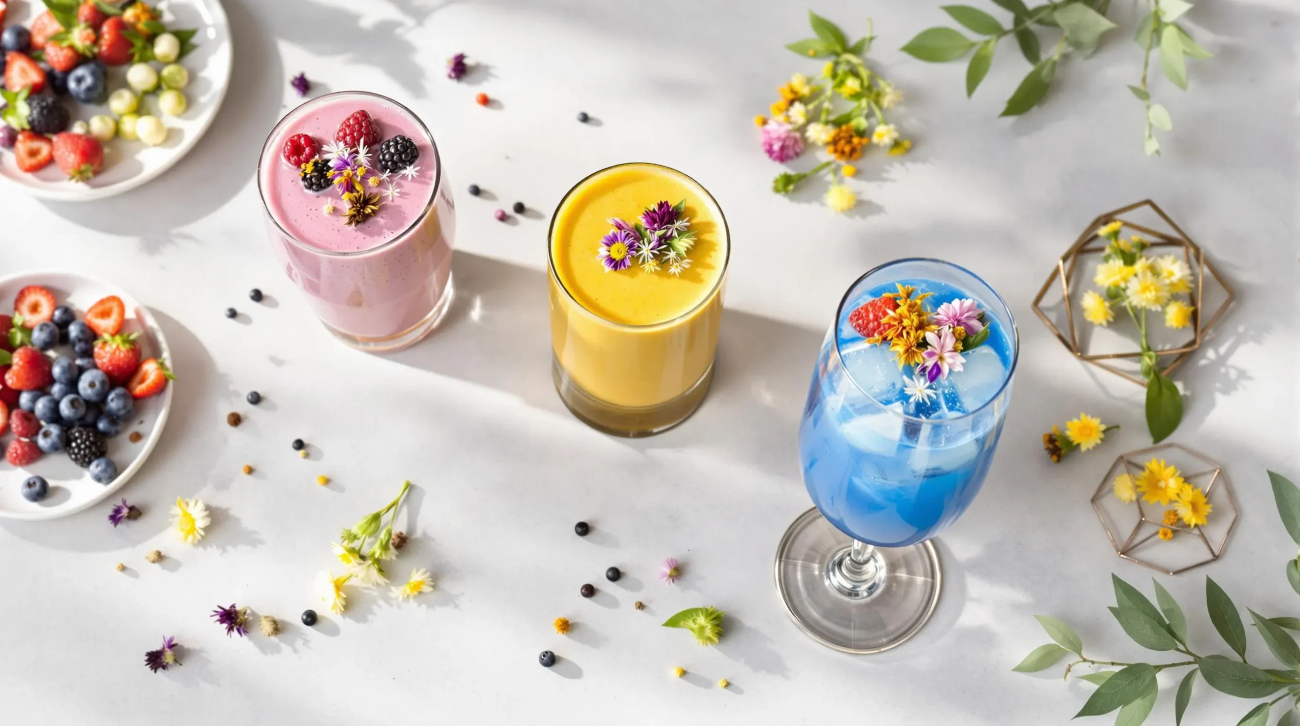 Three artfully arranged coconut milk drinks - pink smoothie, golden latte, and blue spirulina beverage garnished with fresh ingredients on stone surface