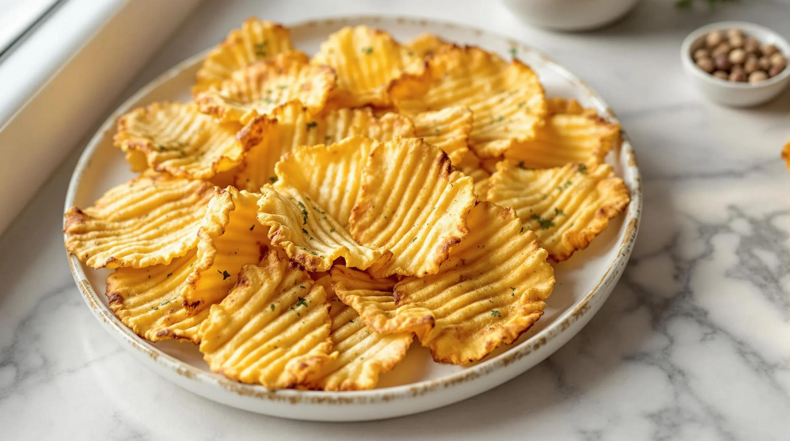 Golden-brown cottage cheese chips with visible seasonings arranged on white ceramic plate, showing crispy texture and ridged edges