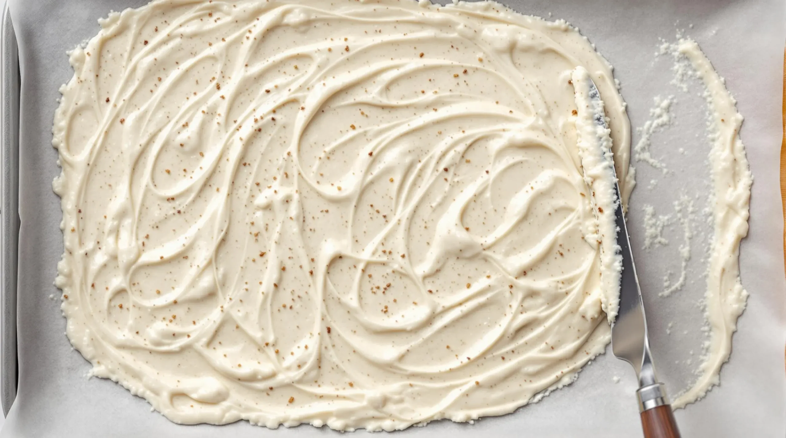 Cottage cheese mixture being spread thinly on parchment paper, showing delicate swirls and seasoning sprinkles during preparation