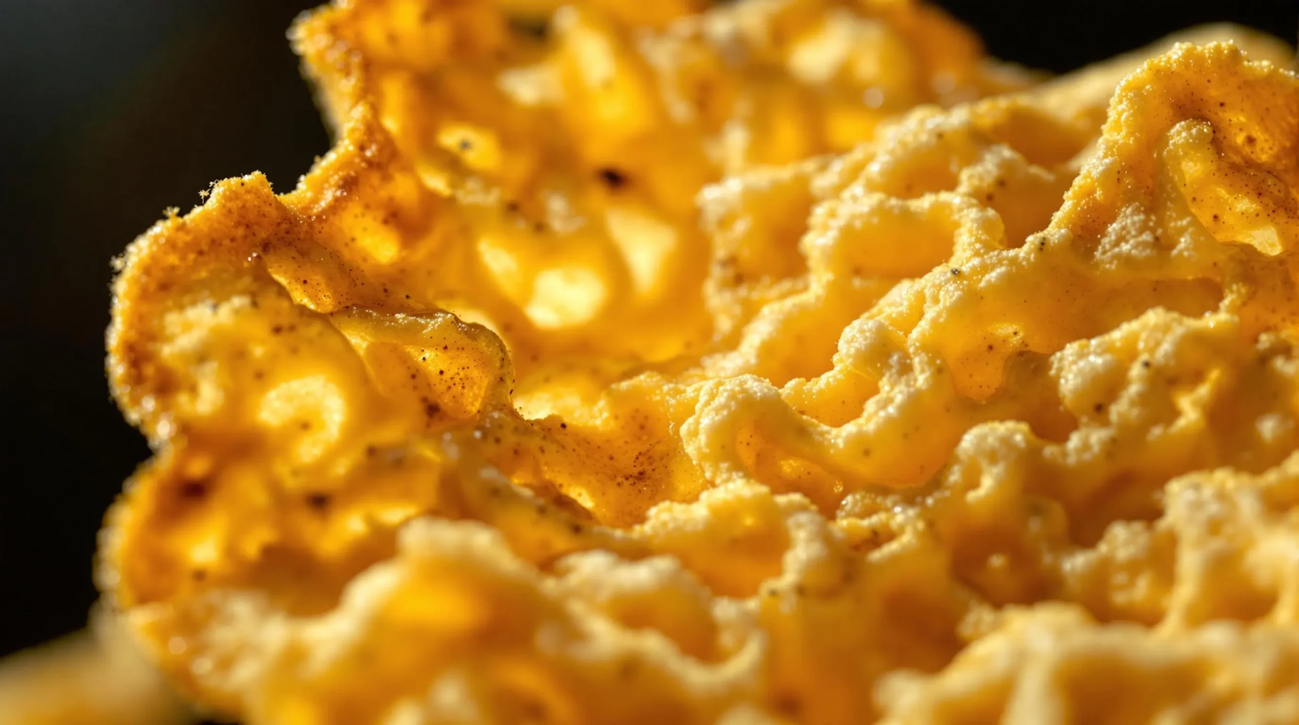 Extreme close-up of cottage cheese chip surface revealing intricate lacy pattern, golden-brown color variations and crispy texture