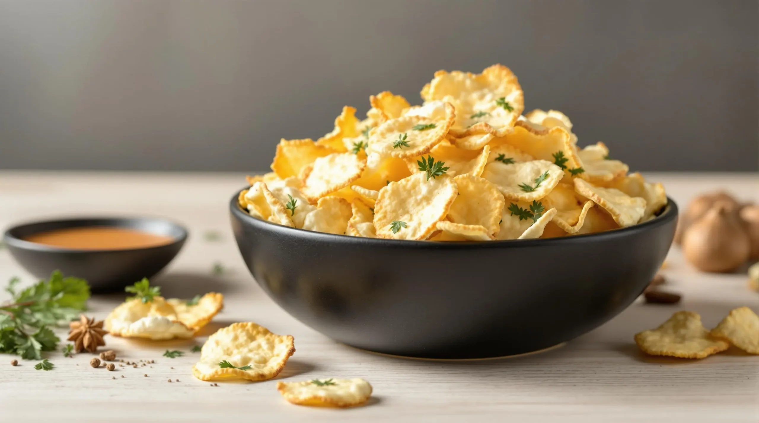 Artfully stacked cottage cheese chips in matte black bowl with fresh herbs and dipping sauce on wooden surface