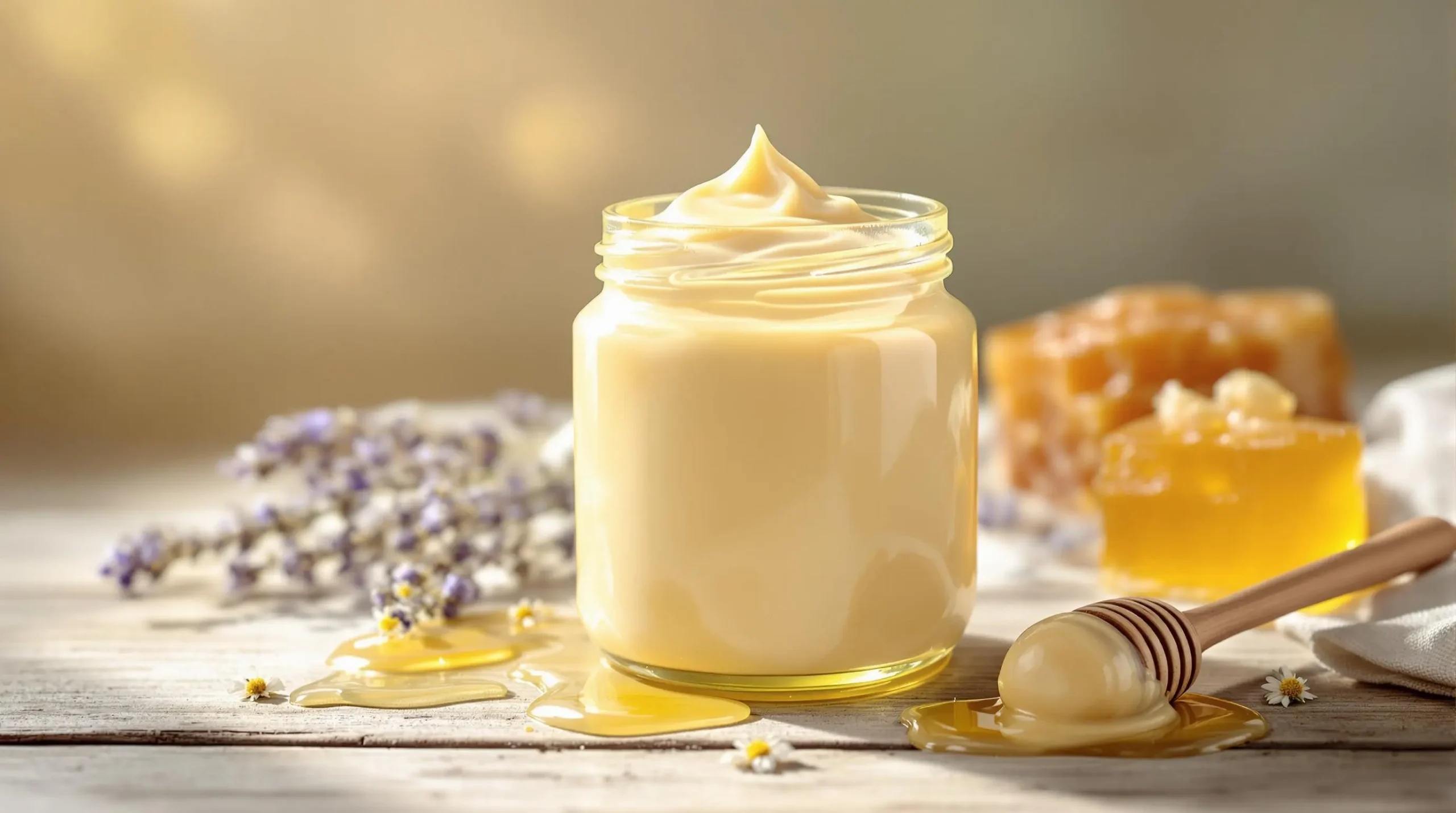 Creamy whipped honey in glass jar with honey dipper, honeycomb and lavender sprigs on rustic wood surface in warm morning light