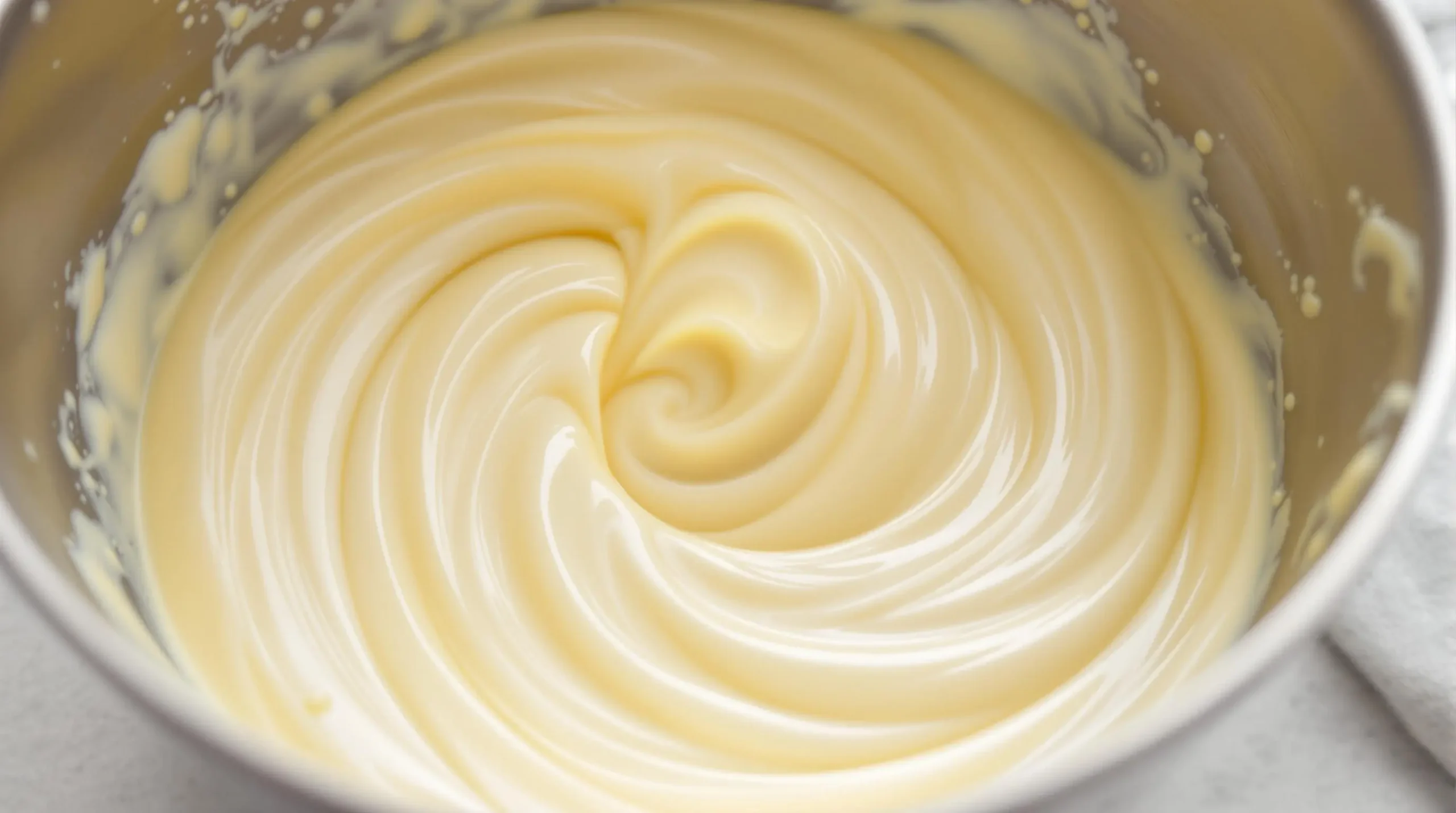 Golden honey transforming into creamy texture while being whipped in stainless steel bowl, showing distinctive ribbon patterns