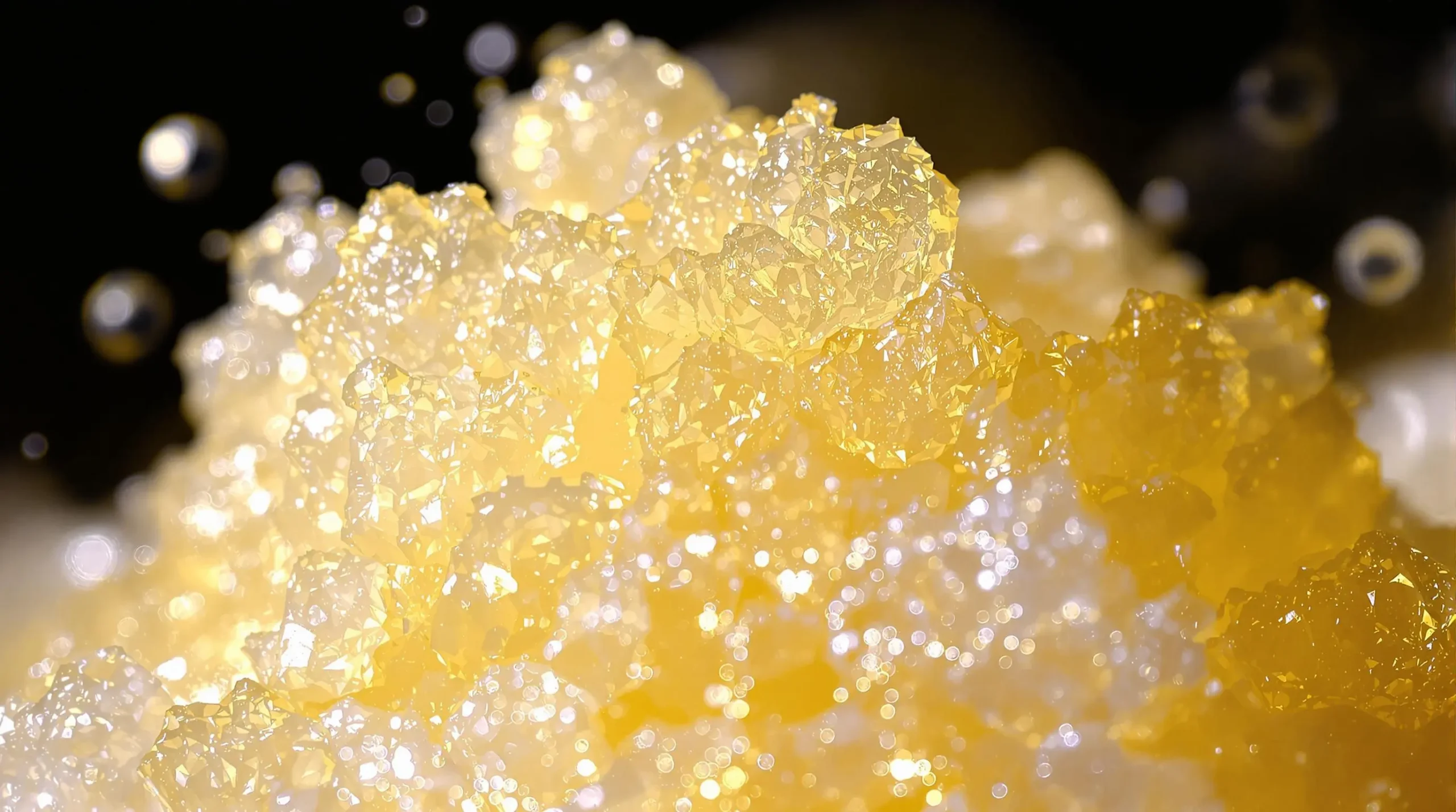 Macro view of cream honey's fine crystalline structure with subtle highlights showing cloud-like texture against dark background