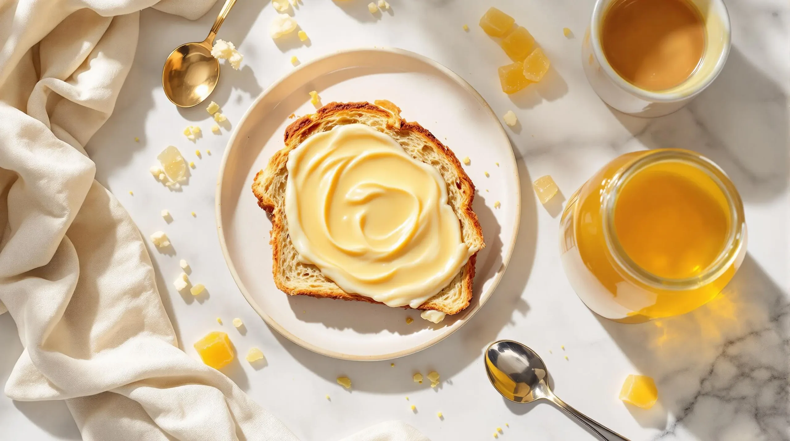 Overhead view of artisanal sourdough toast spread with cream honey, accompanied by honey jar and scattered honeycomb on marble surface