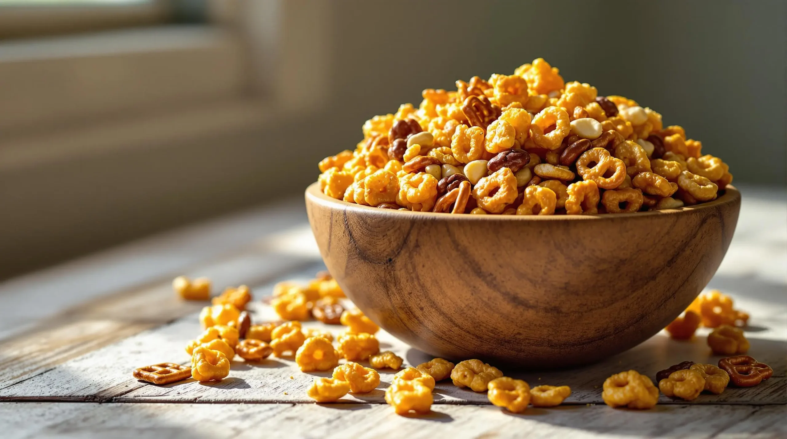 Homemade caramel Crispix mix in rustic wooden bowl with glazed cereal, pretzels and nuts, beautifully lit with natural window light