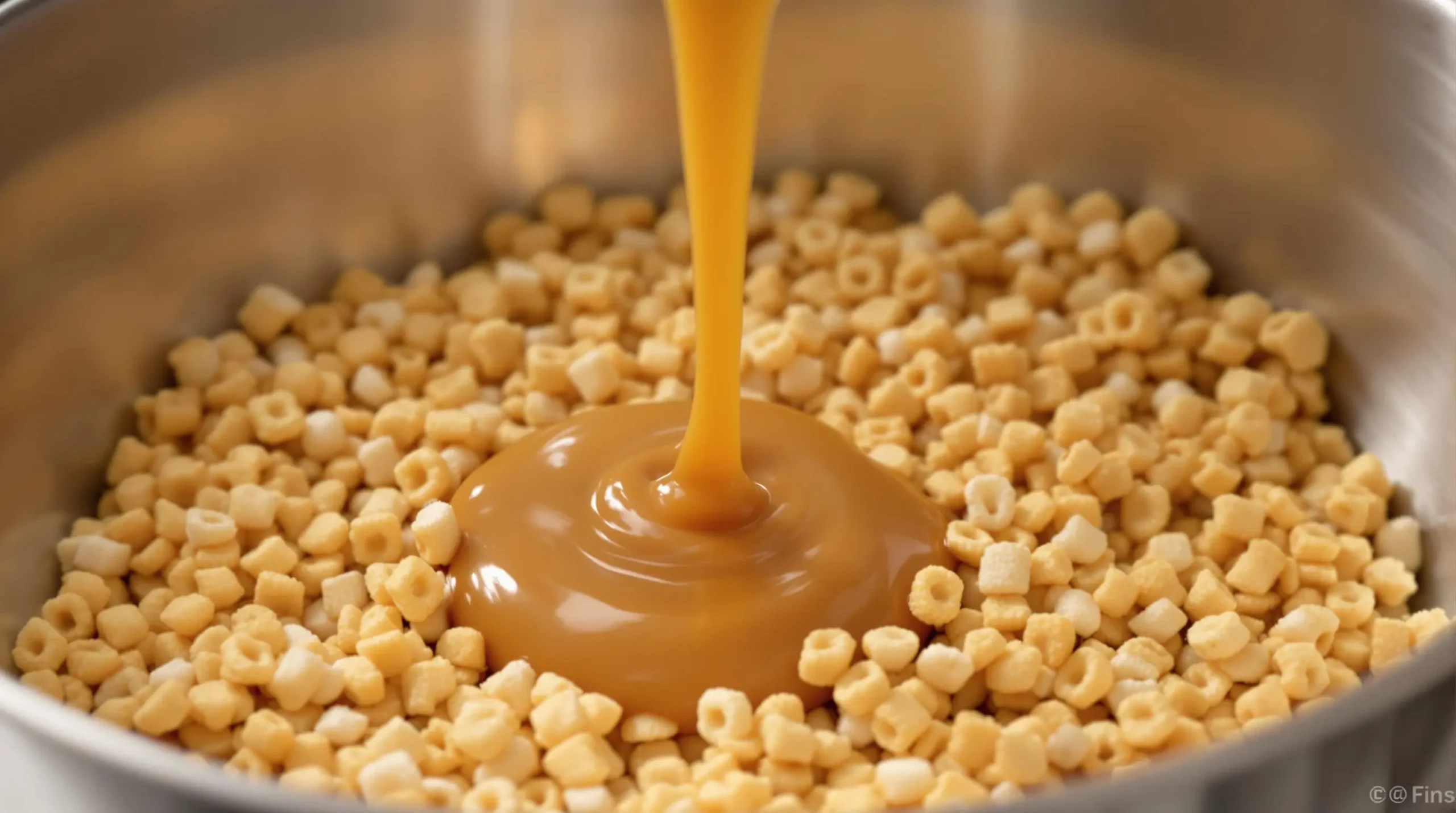 Golden caramel coating being poured over Crispix cereal mix, capturing the glossy stream mid-pour in dramatic lighting