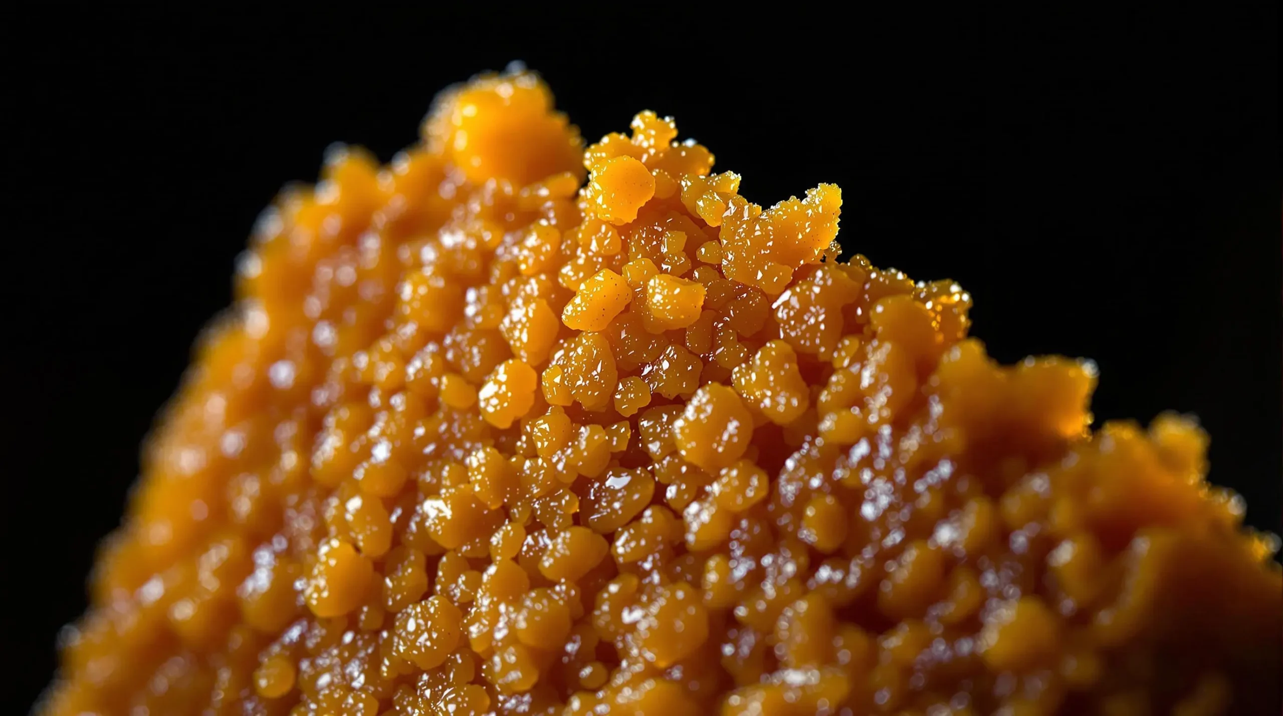 Extreme close-up of caramel-coated Crispix piece showing crystallized sugar texture and glossy finish against dark background