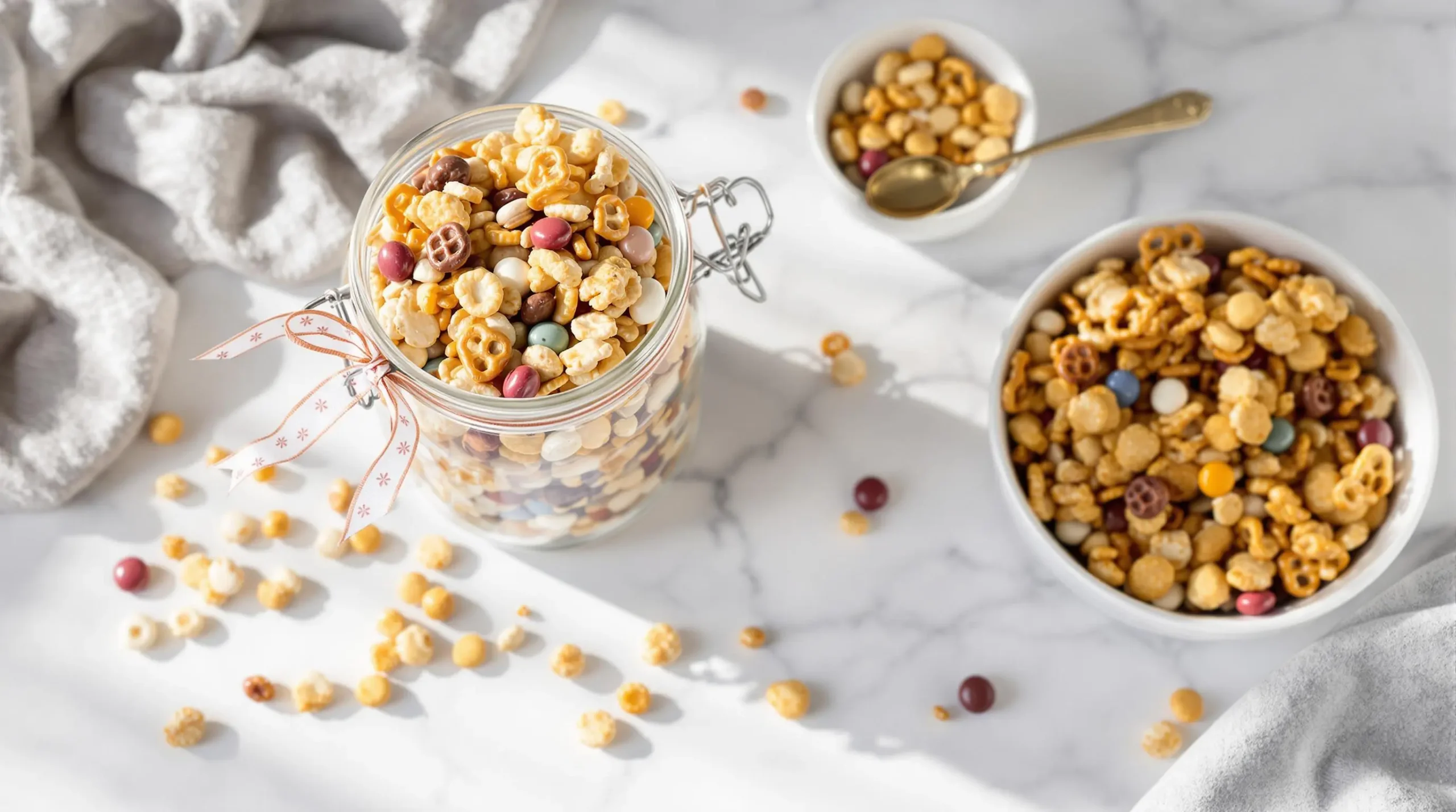 Festive display of finished Crispix mix in glass jar with ribbon and styled serving bowl on marble surface with scattered nuts