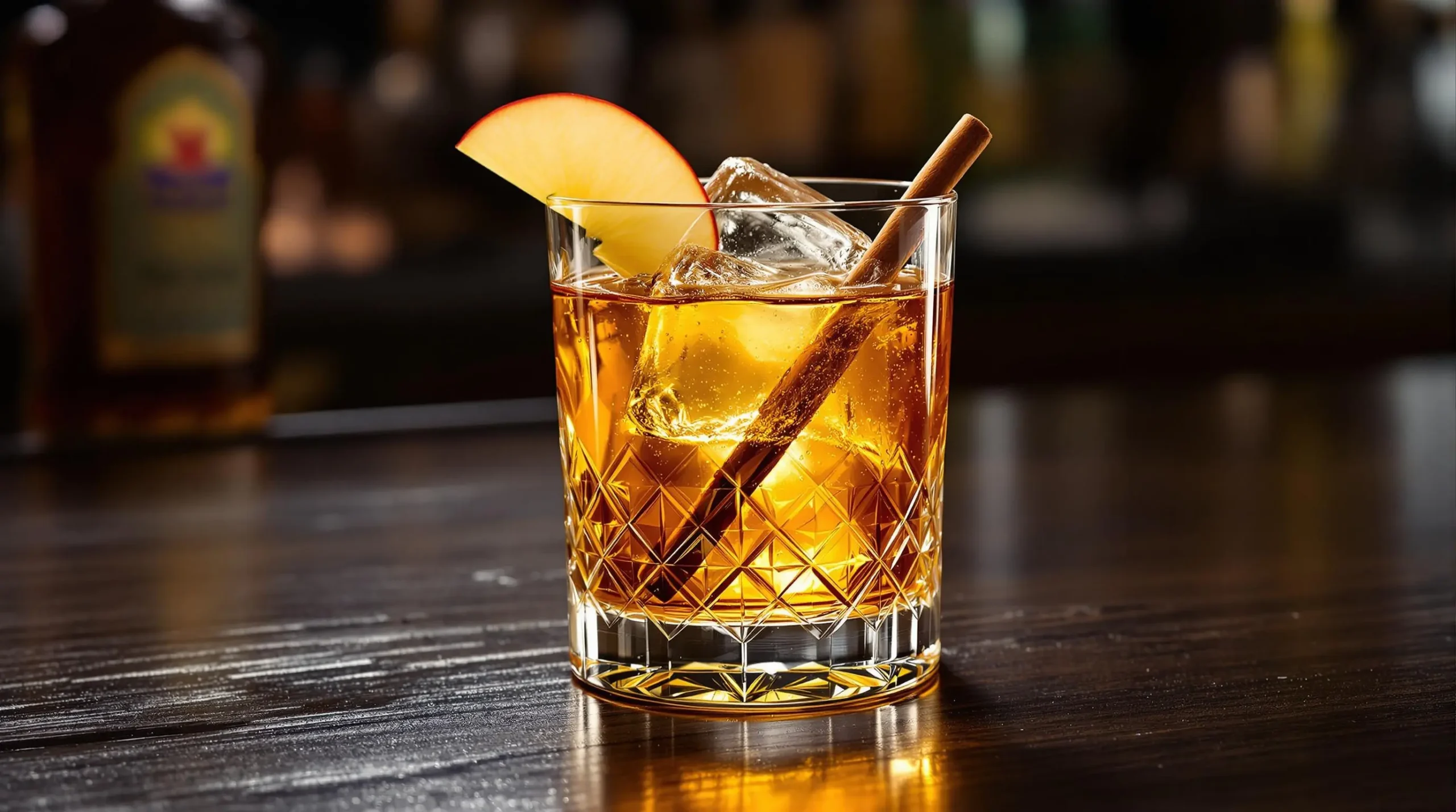 Crown Royal Apple cocktail in crystal glass with apple fan and cinnamon garnish, golden liquid reflecting warm light on dark wood bar