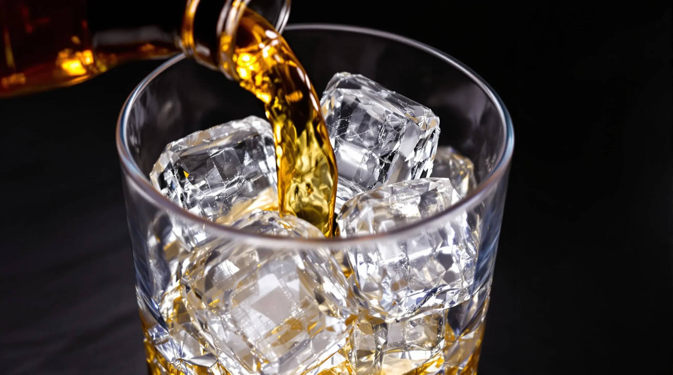 Crown Royal Apple whiskey stream pouring into mixing glass with ice, capturing golden liquid motion against dark background