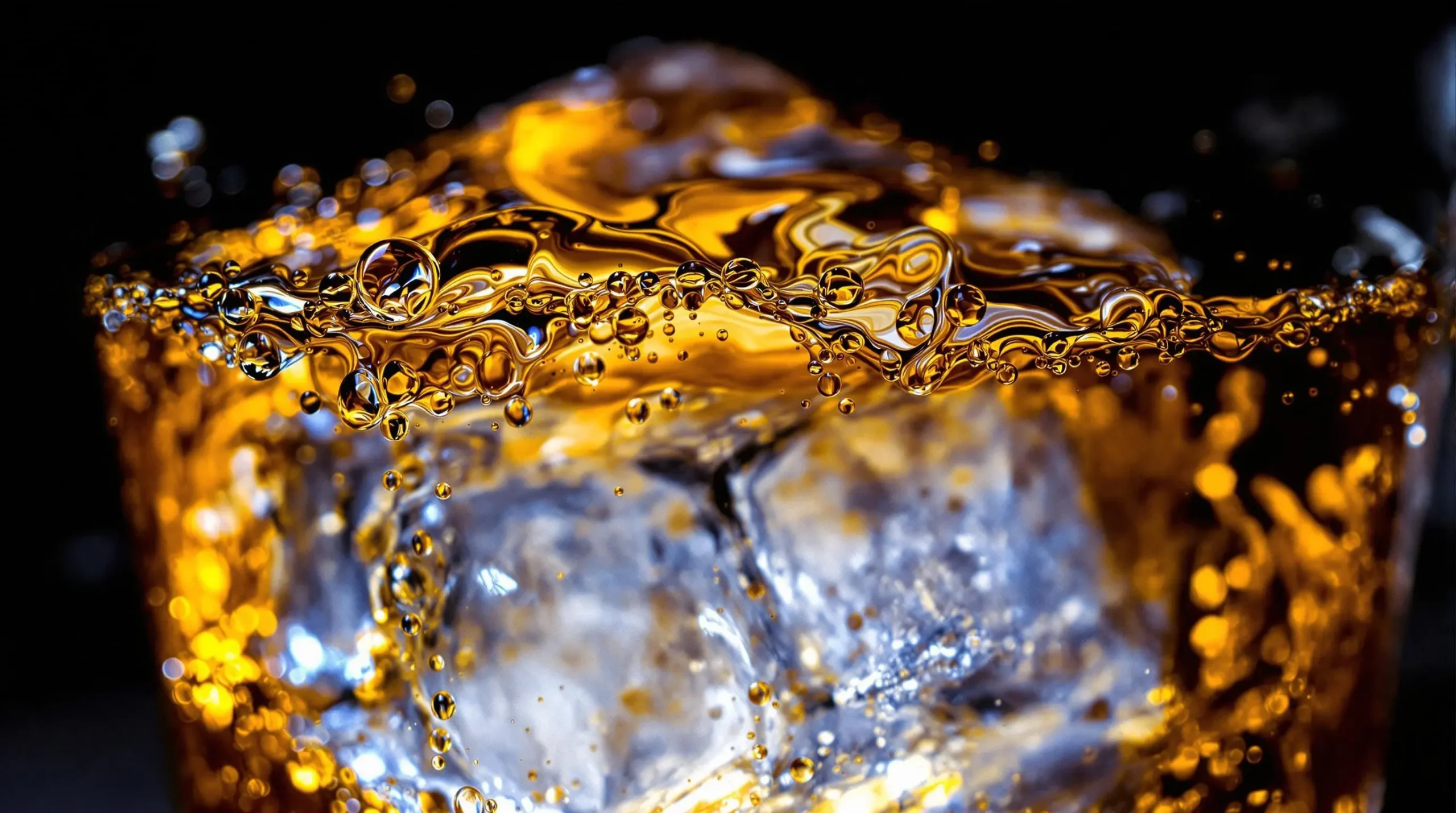 Macro view of Crown Royal Apple cocktail surface showing marbled bitters pattern and ice cube, with dramatic golden highlights