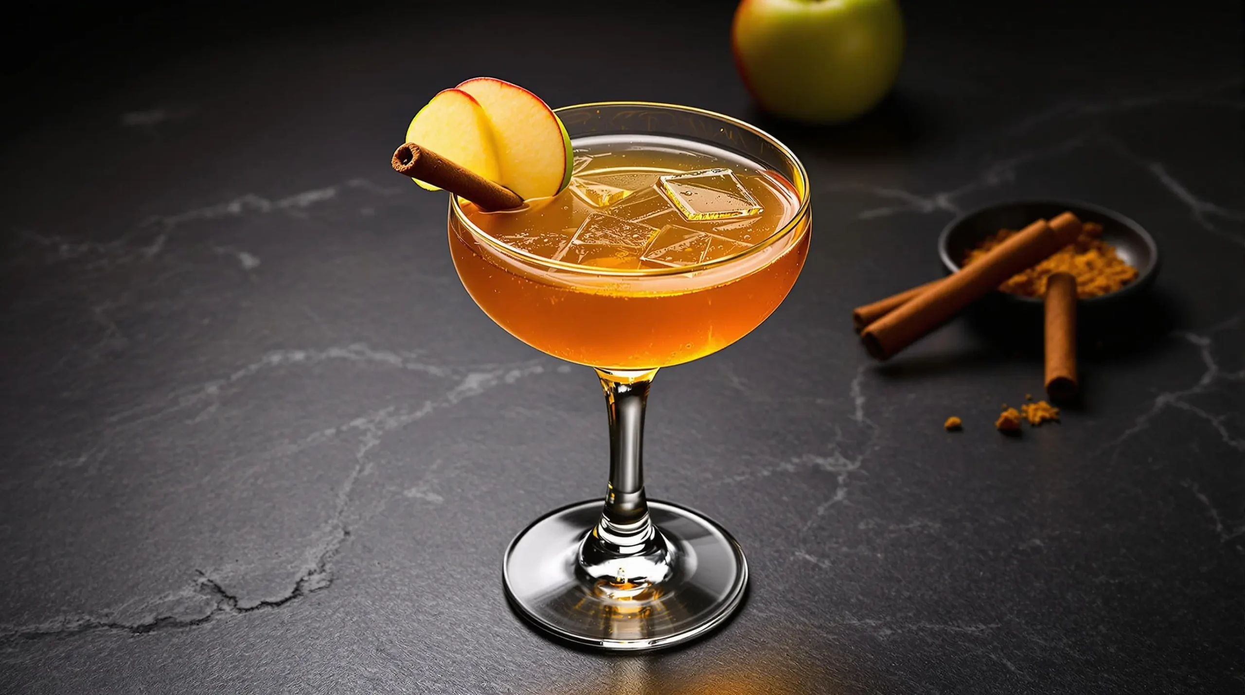 Overhead view of elegant Crown Royal Apple cocktail with fresh apple fan and cinnamon garnish on dark surface, warm dramatic lighting