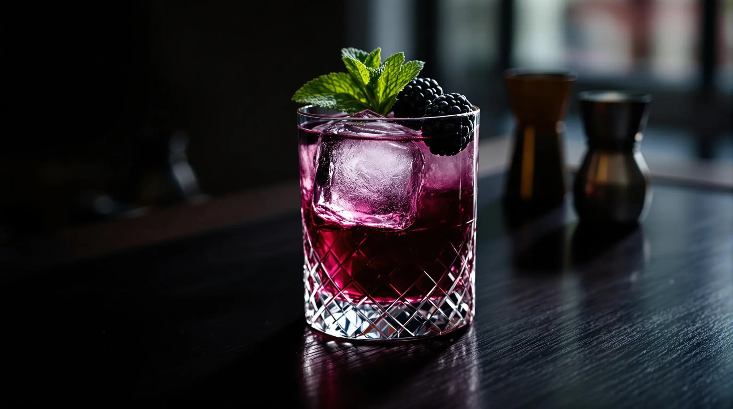 Crown Royal Blackberry cocktail in rocks glass with large ice cube, fresh blackberries and mint garnish on dark wooden bar surface