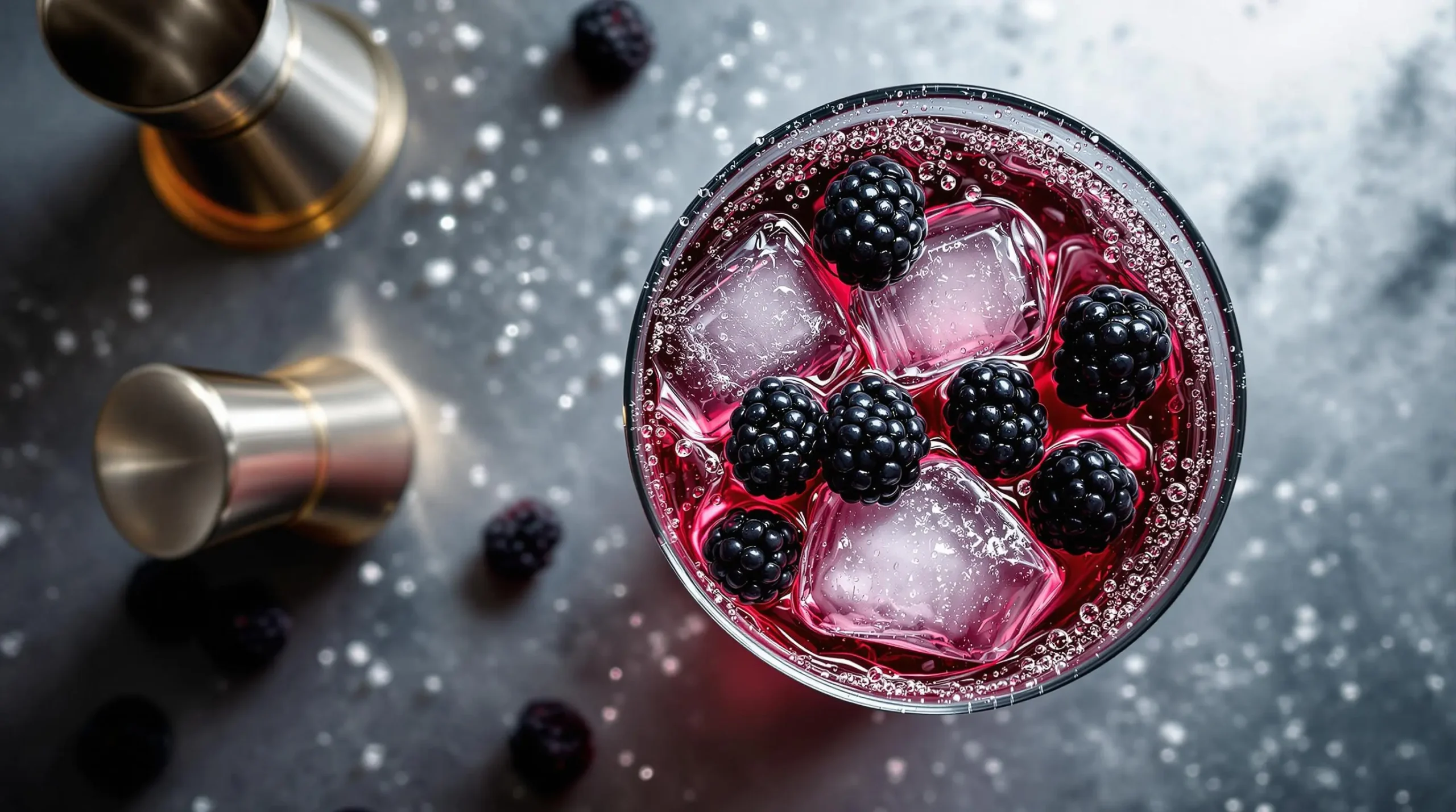 Condensation-covered cocktail shaker being shaken with Crown Royal Blackberry mixture against stainless steel surface with scattered blackberries