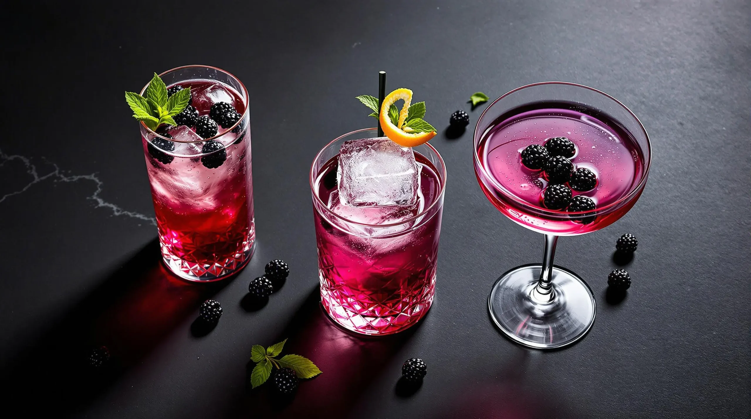 Three Crown Royal Blackberry cocktails arranged on black stone - Collins glass, rocks glass, and coupe glass with berry and mint garnishes