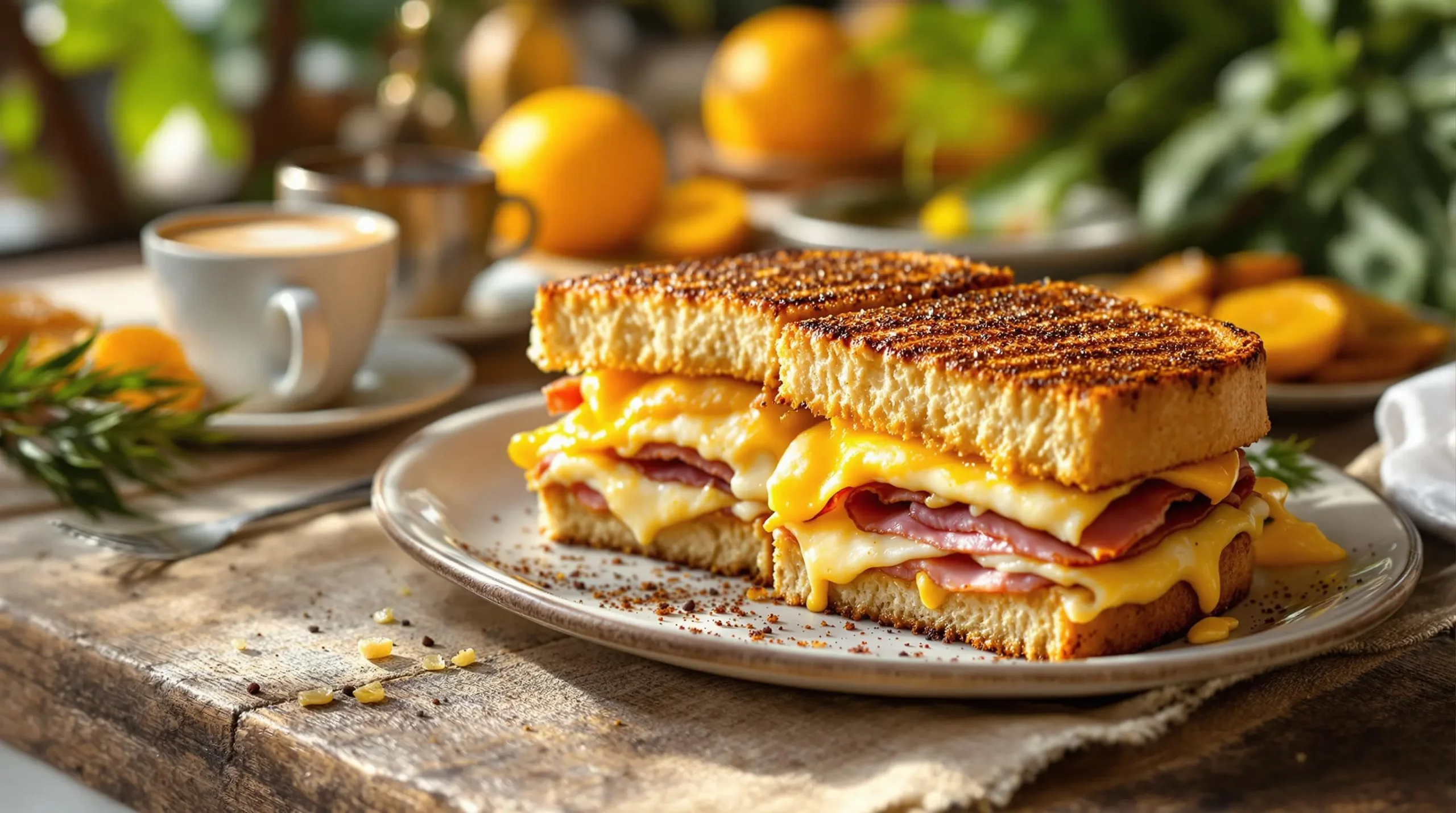 Cuban breakfast spread featuring diagonal-cut sandwich, dark Cuban coffee with crema, and caramelized plantains on rustic wooden table with tropical accents