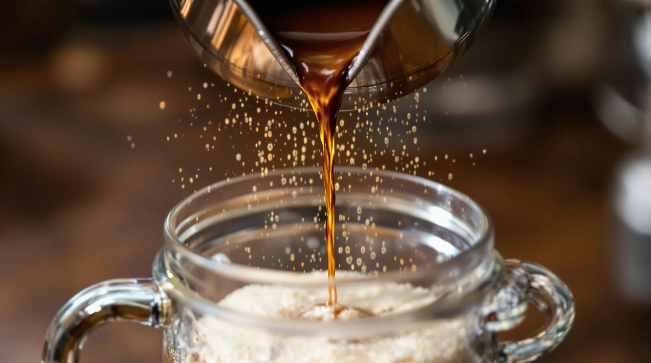 Dark Cuban coffee dripping through traditional silver cafetera into raw sugar crystals, highlighting the rich amber coffee stream