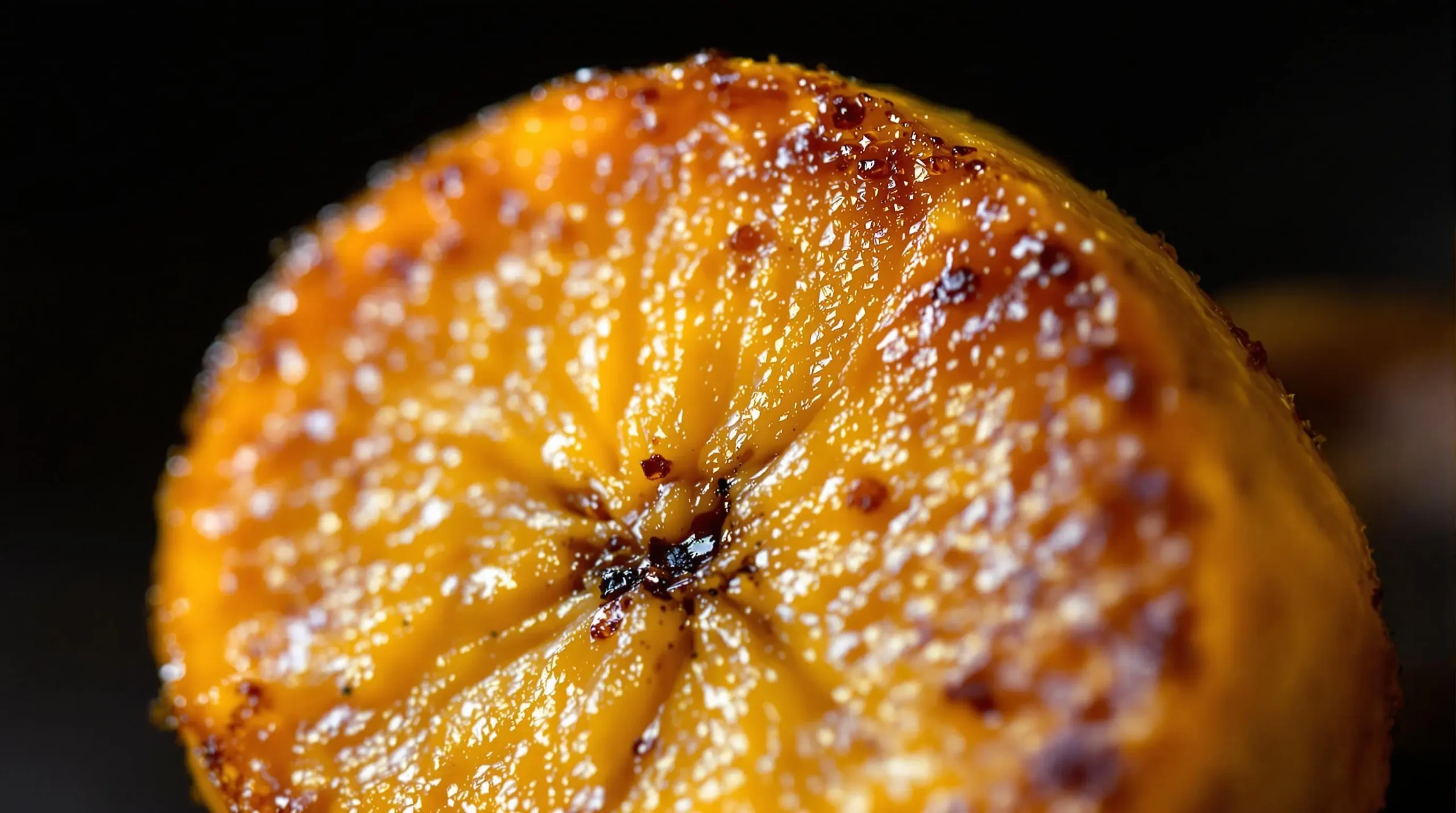 Close-up of golden-brown caramelized plantain slice showing crystallized exterior and creamy interior with dramatic side lighting