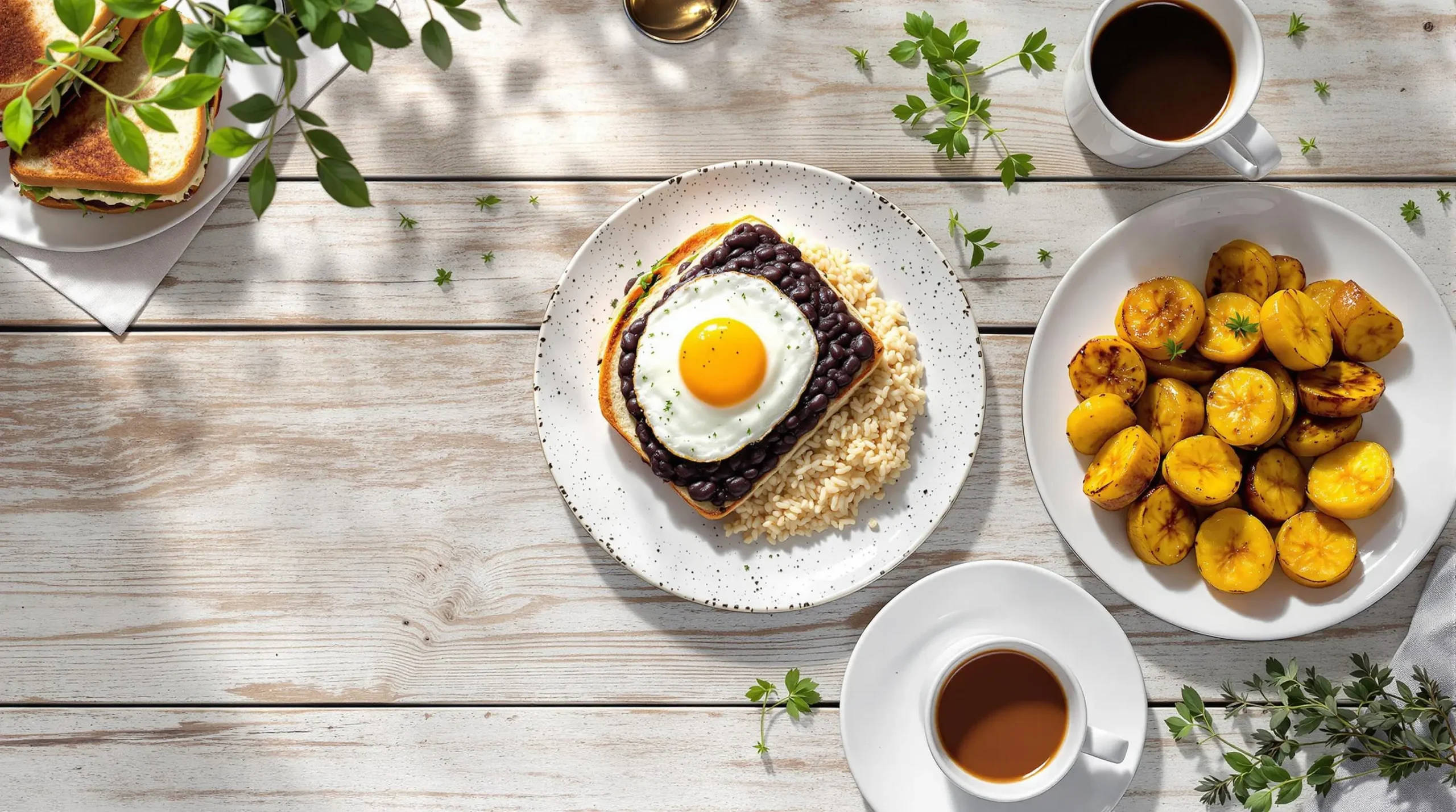 Overhead view of complete Cuban breakfast with pressed sandwich, black beans and rice, fried egg, plantains and coffee on distressed wooden table