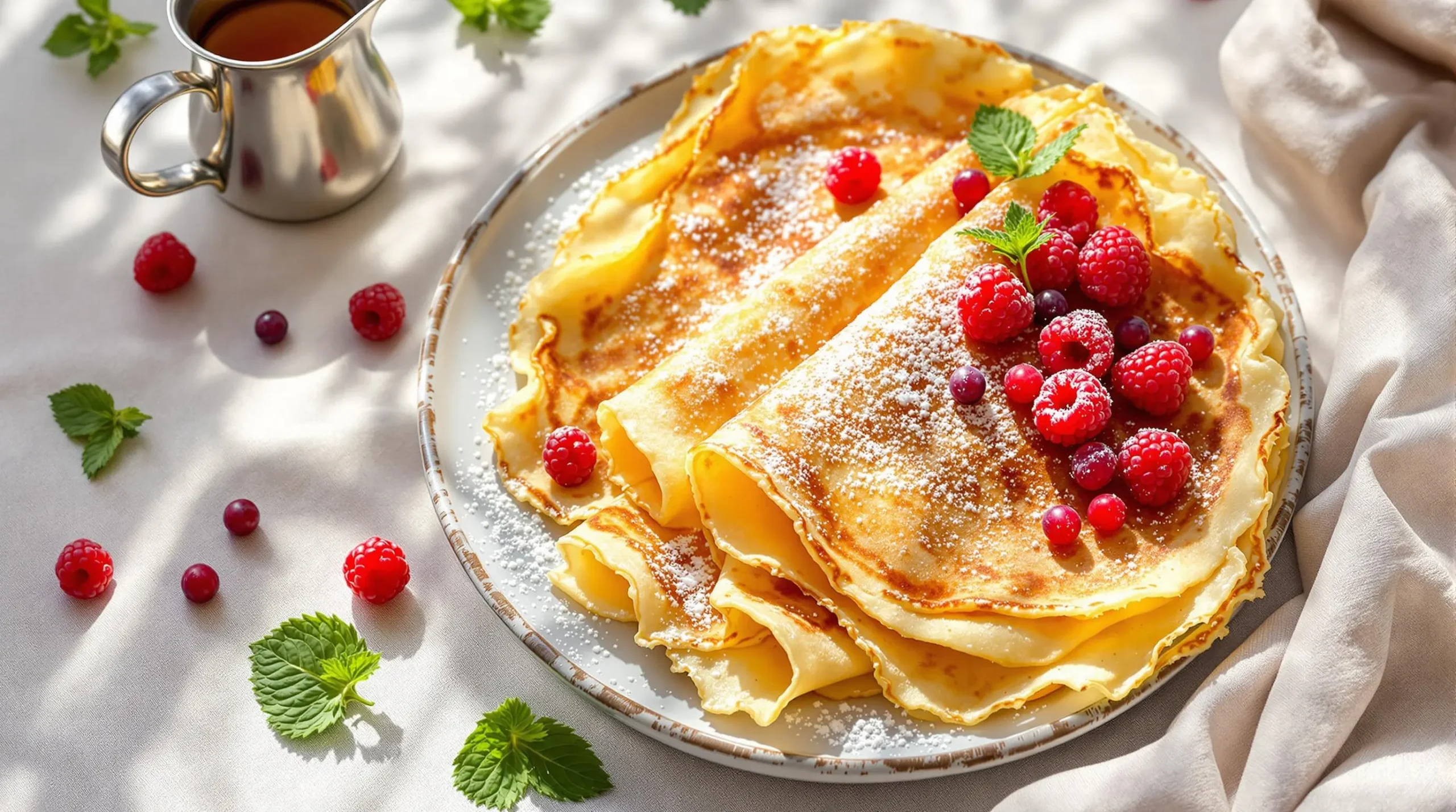 Golden-brown Bisquick crepe on white ceramic plate with fresh berries, powdered sugar, and maple syrup, showcasing delicate lacy edges