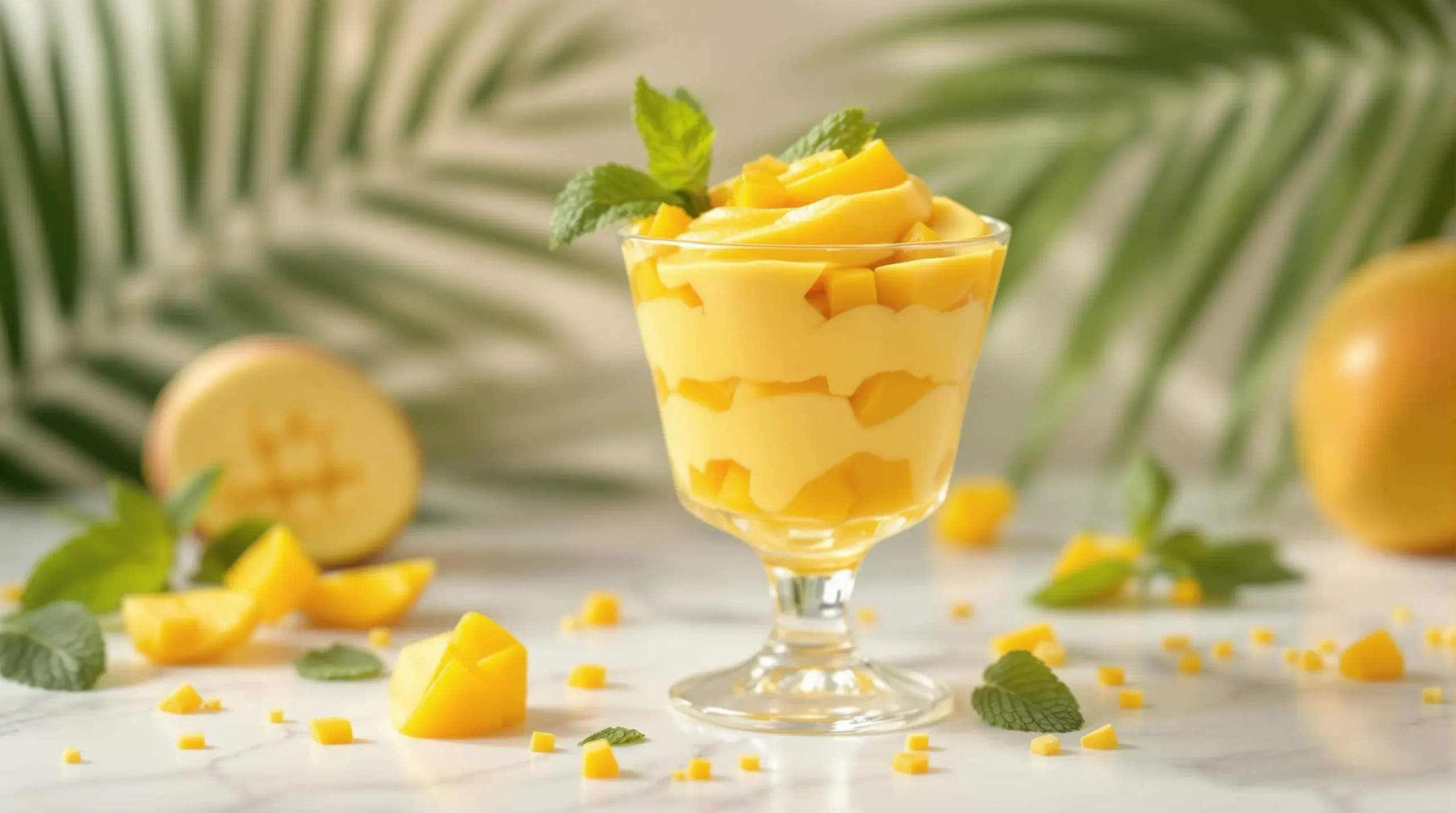 Layered mango mousse dessert in crystal glass showing vibrant orange layers and fresh mango pieces, garnished with mint leaves on marble surface