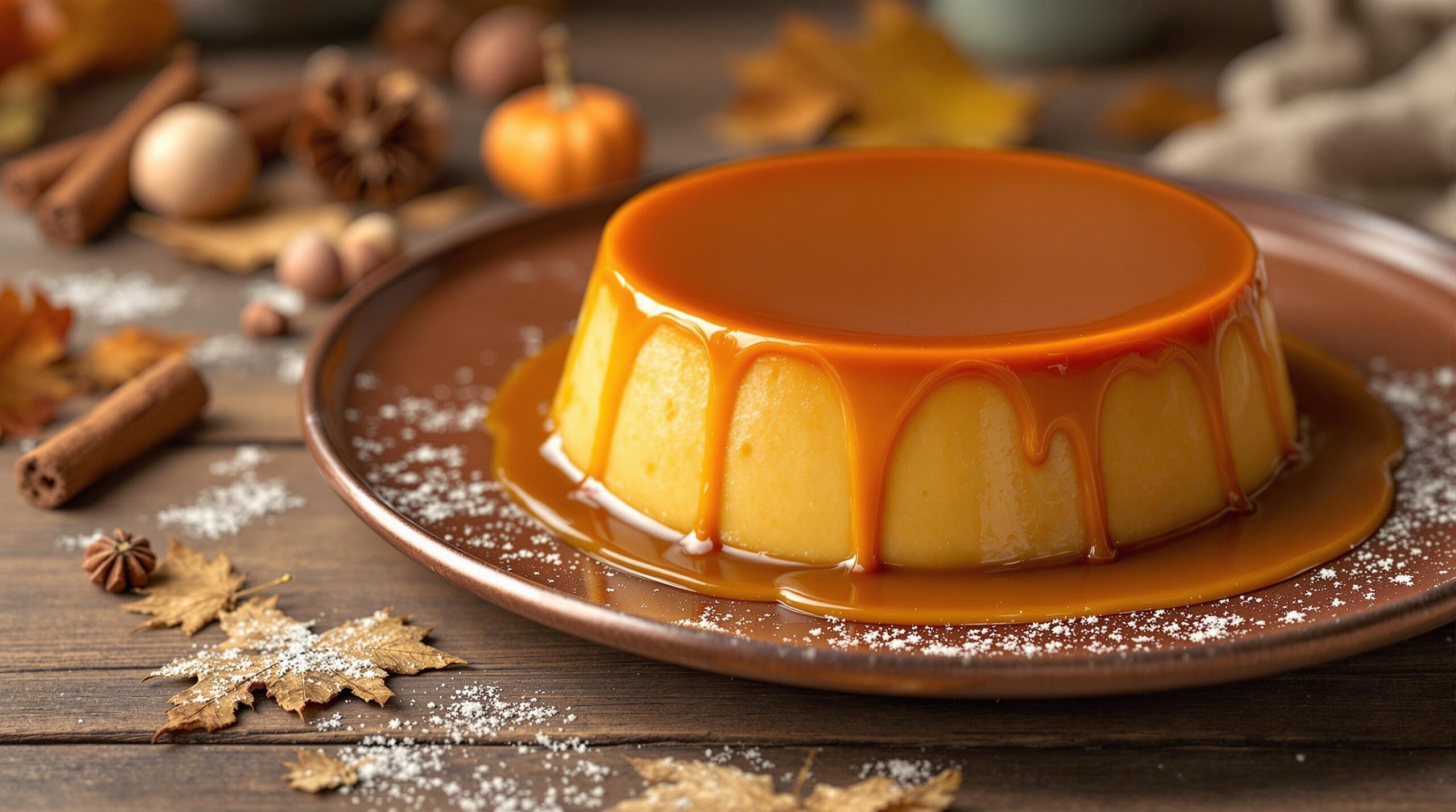 Silky pumpkin flan on copper plate with cascading caramel, garnished with cinnamon sticks and autumn leaves on rustic wooden surface