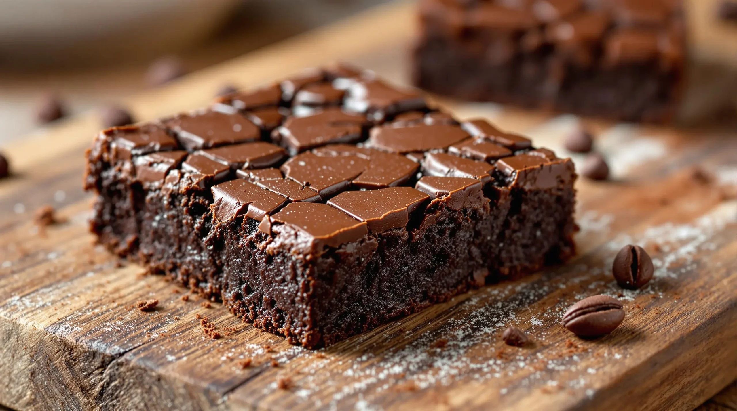 Fudgy Ghirardelli brownie square on wooden board showcasing crackly top and dense chocolate interior with scattered cocoa nibs