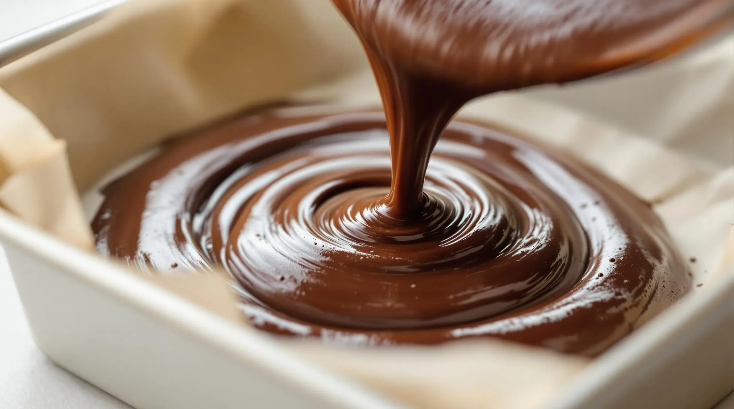 Glossy chocolate brownie batter being poured into parchment-lined pan, showing smooth ribbons and silky texture