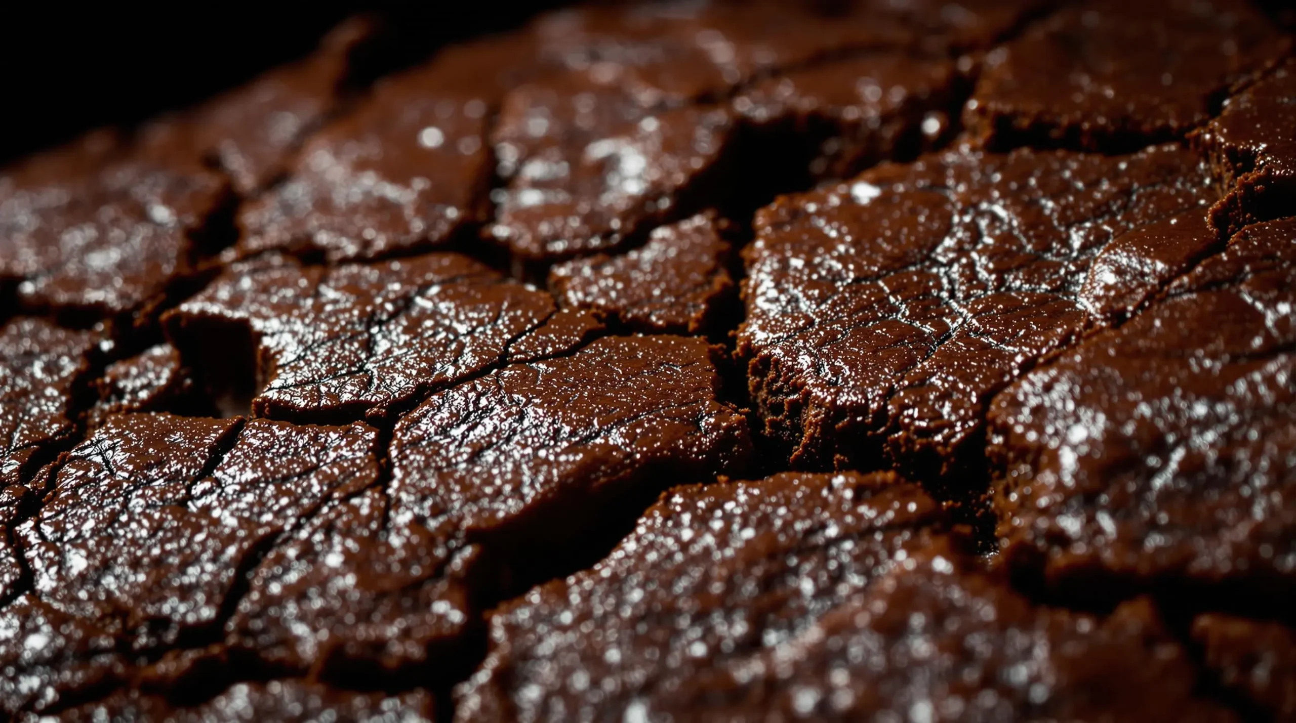 Macro view of brownie's signature crackly top texture with intricate shiny patterns and deep chocolate tones