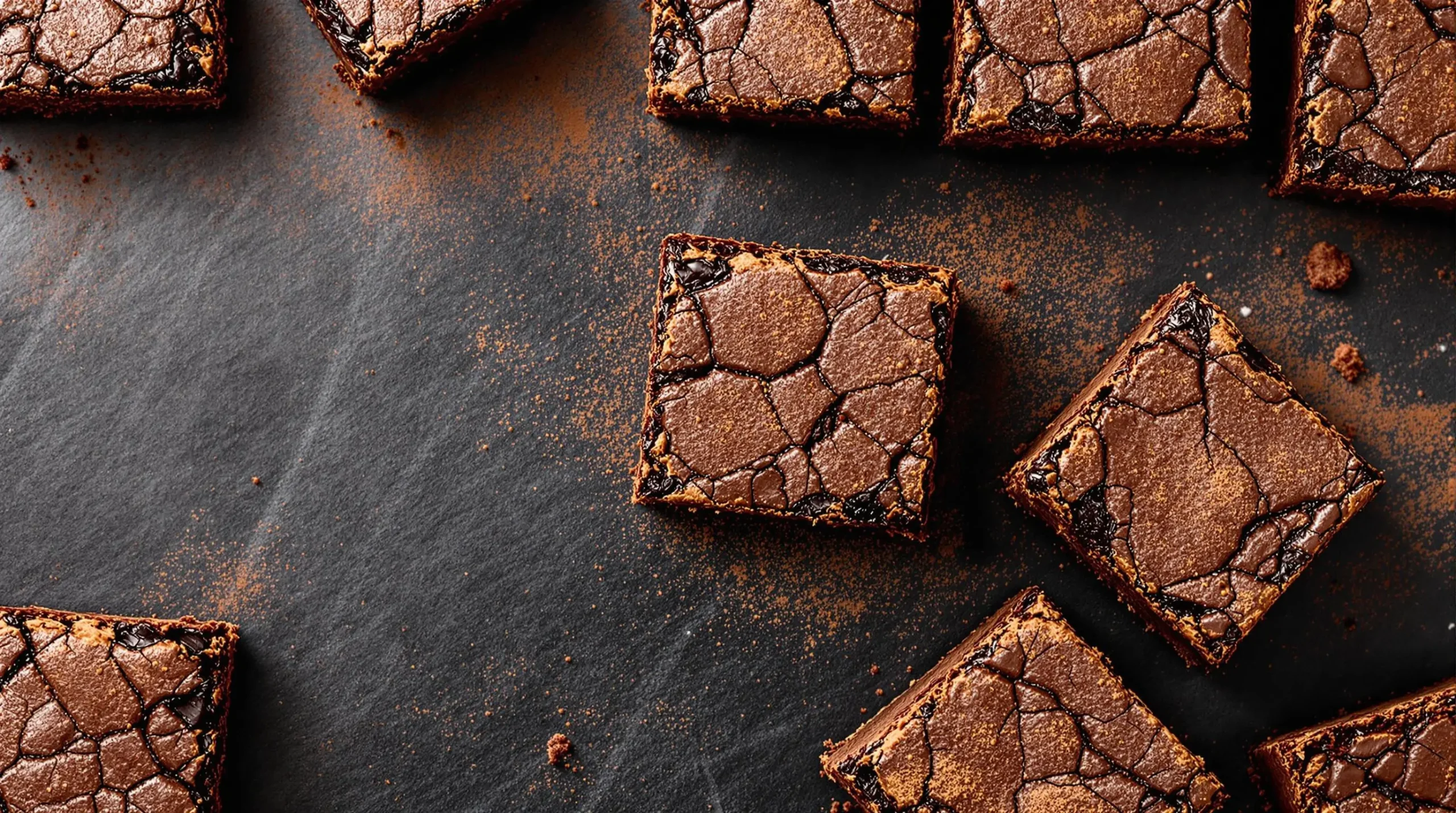 Precisely cut fudgy brownie squares arranged on black stone with dusted cocoa powder, showing perfect crackly tops and moist centers