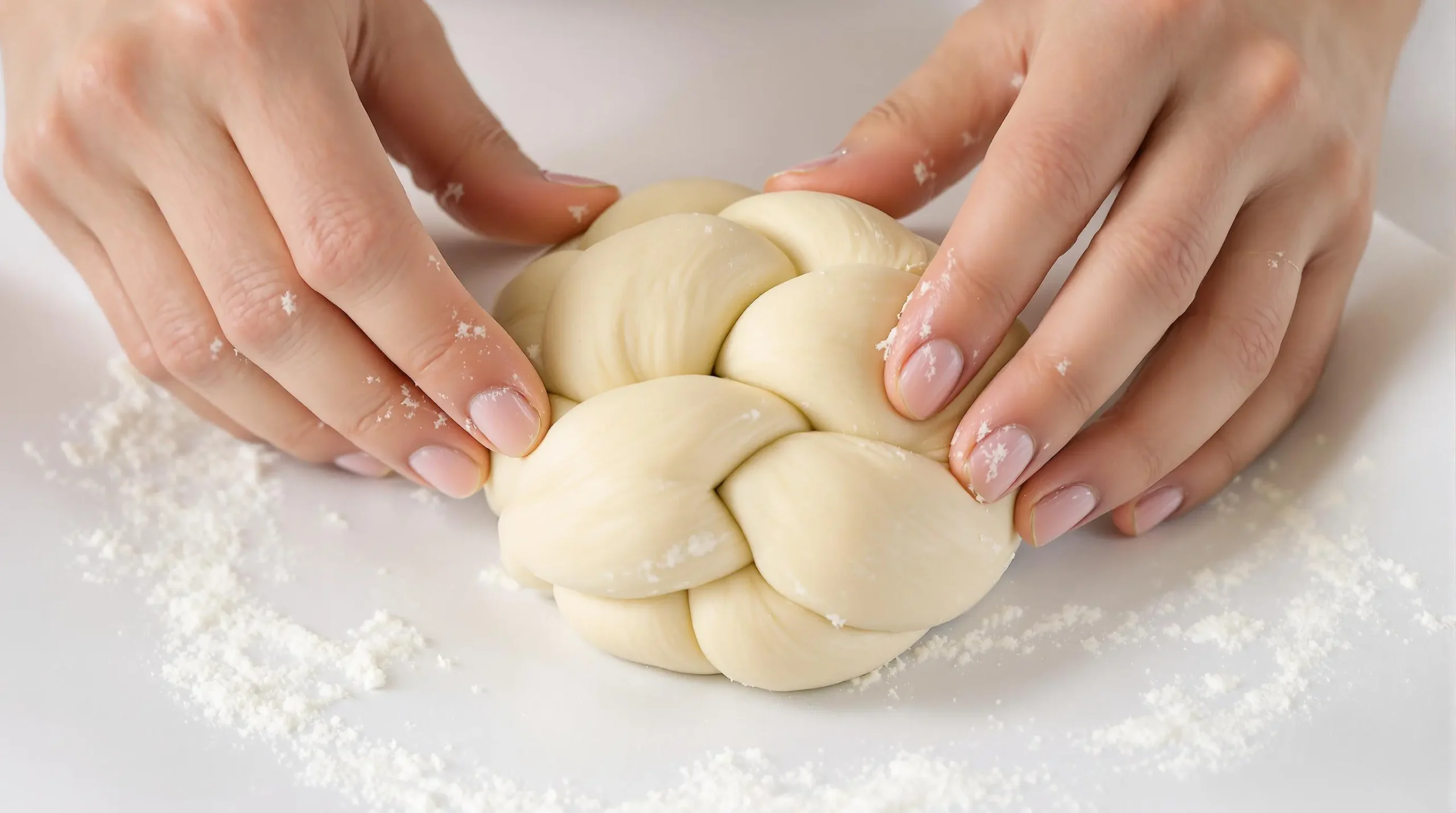 Hands braiding three strands of smooth gluten-free challah dough on parchment paper, demonstrating traditional braiding technique