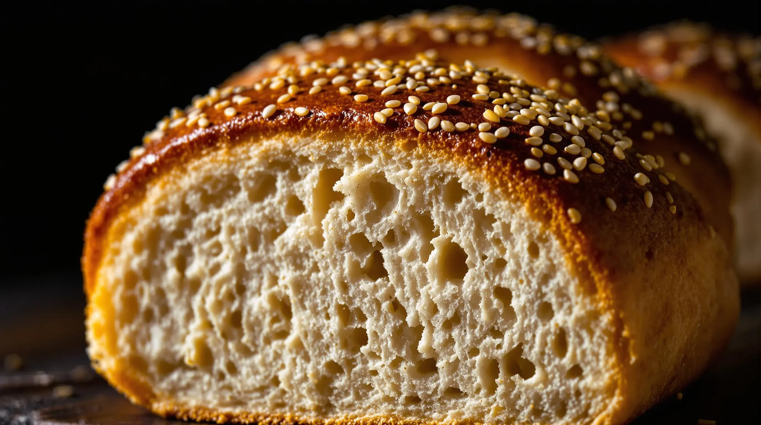 Extreme close-up of gluten-free challah's golden crust texture with sesame seeds, highlighting glossy finish and intricate crumb structure